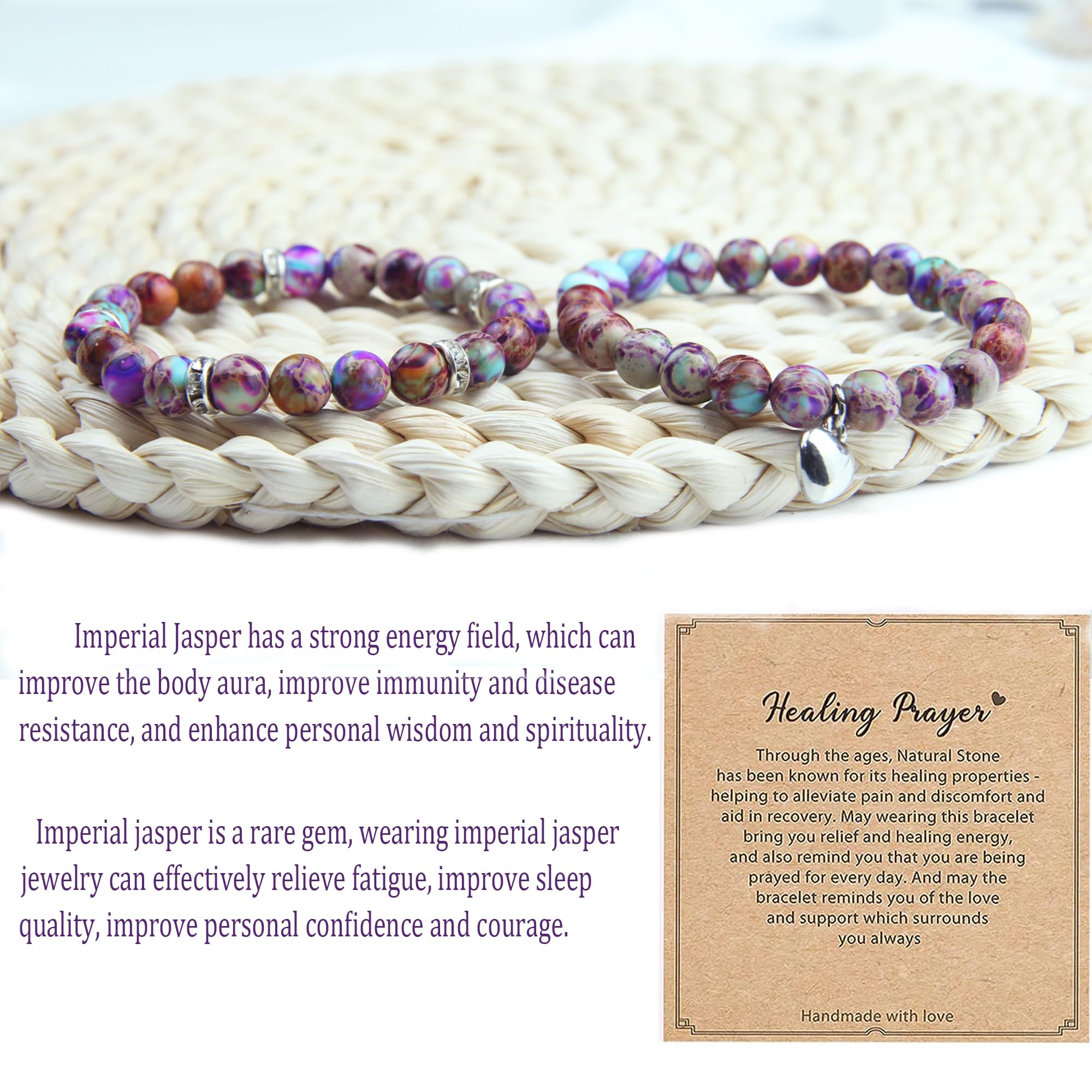 Healing Bracelets for Women - Imperial Jasper Crystal Bracelet with 8mm Natural Stone Beads, Stress Relief Yoga Prayer Jewelry, Get Well Soon Gift for Meditation, Wellness & Spiritual Healing