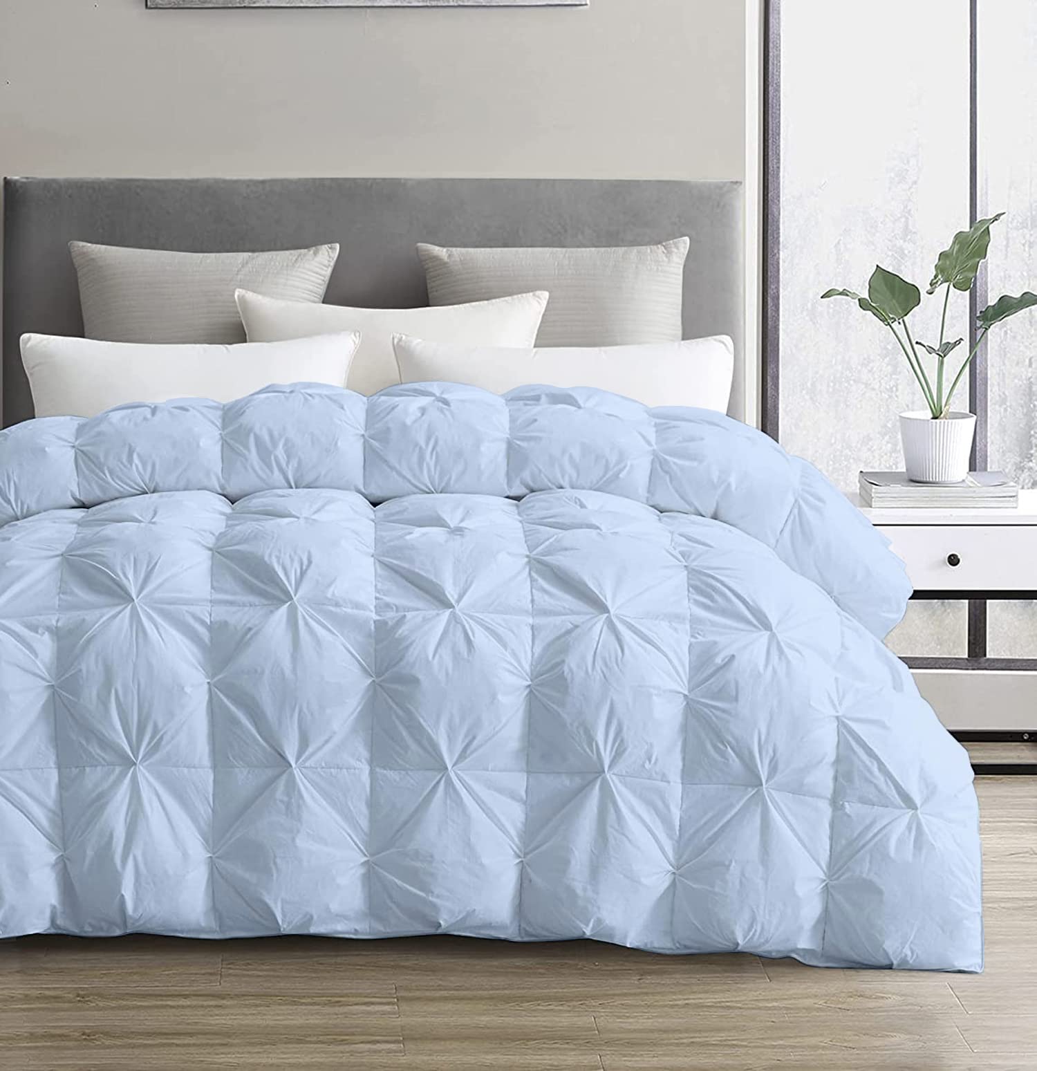 Premium 3-Piece Pinch Pleated Comforter Set - 500 GSM All-Season Goose Down Duvet with Corner Tabs | 100% Egyptian Cotton Pintuck Design in Light Blue | Full/Queen Size (88