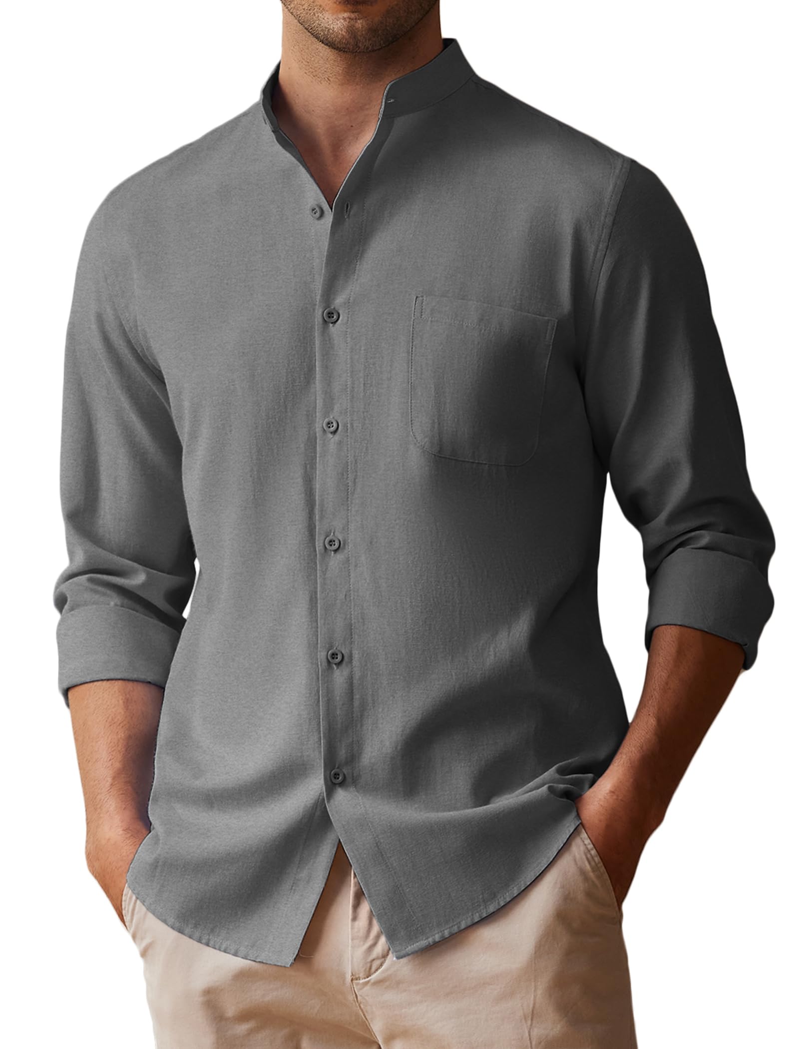 COOFANDY Men's Long Sleeve Linen Shirt - Band Collar Button Down Oxford Dress Shirt for Casual & Business Wear | Breathable Summer Office & Wedding Attire