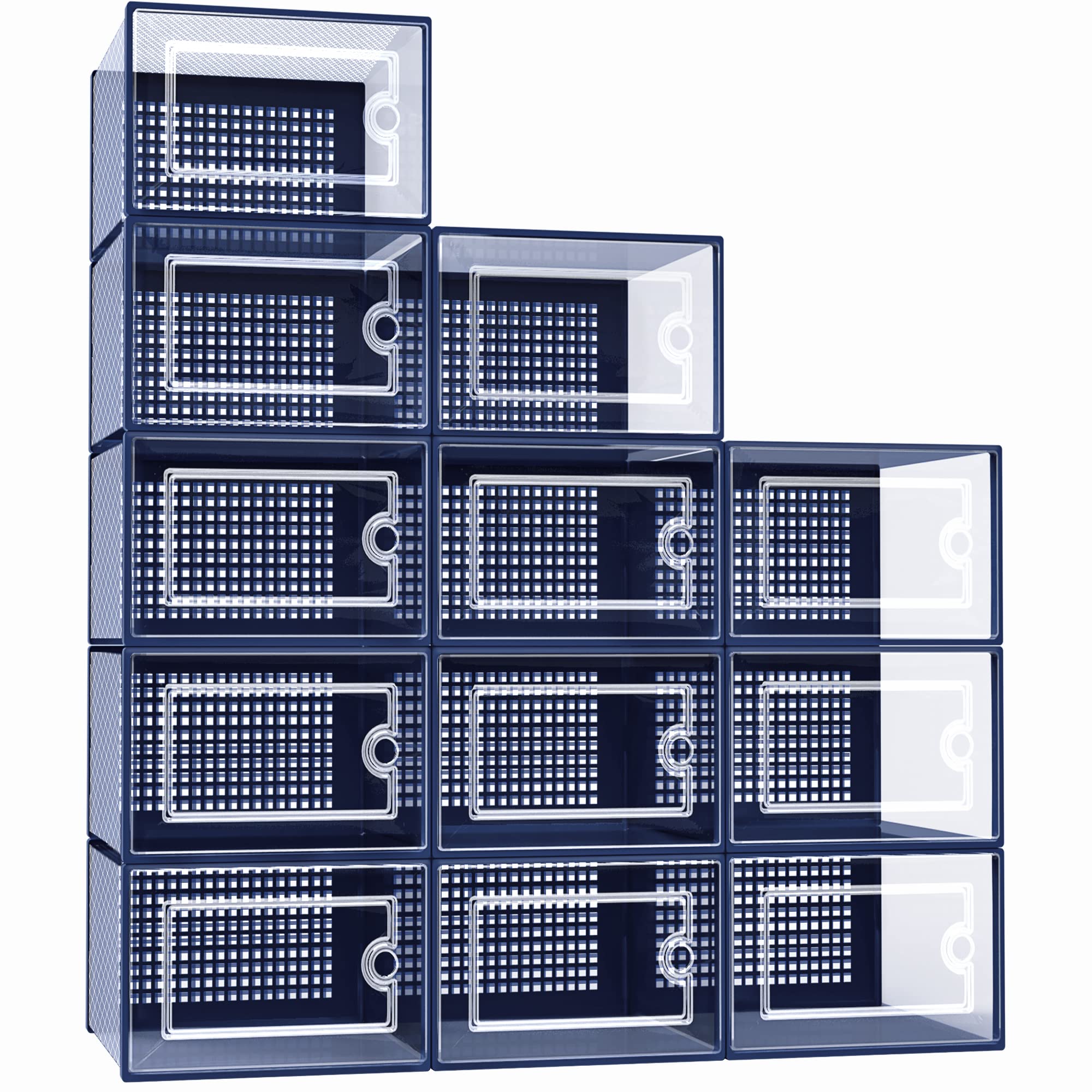 Kuject 12 Pack Clear Plastic Stackable Shoe Storage Boxes with Lids - Under Bed Shoe Organizers for Closet, Entryway & Bedroom - Drop Front Design Fits Women's Size 10 Shoes (Blue) - Perfect for Small Space Organization & Shoe Collection Display