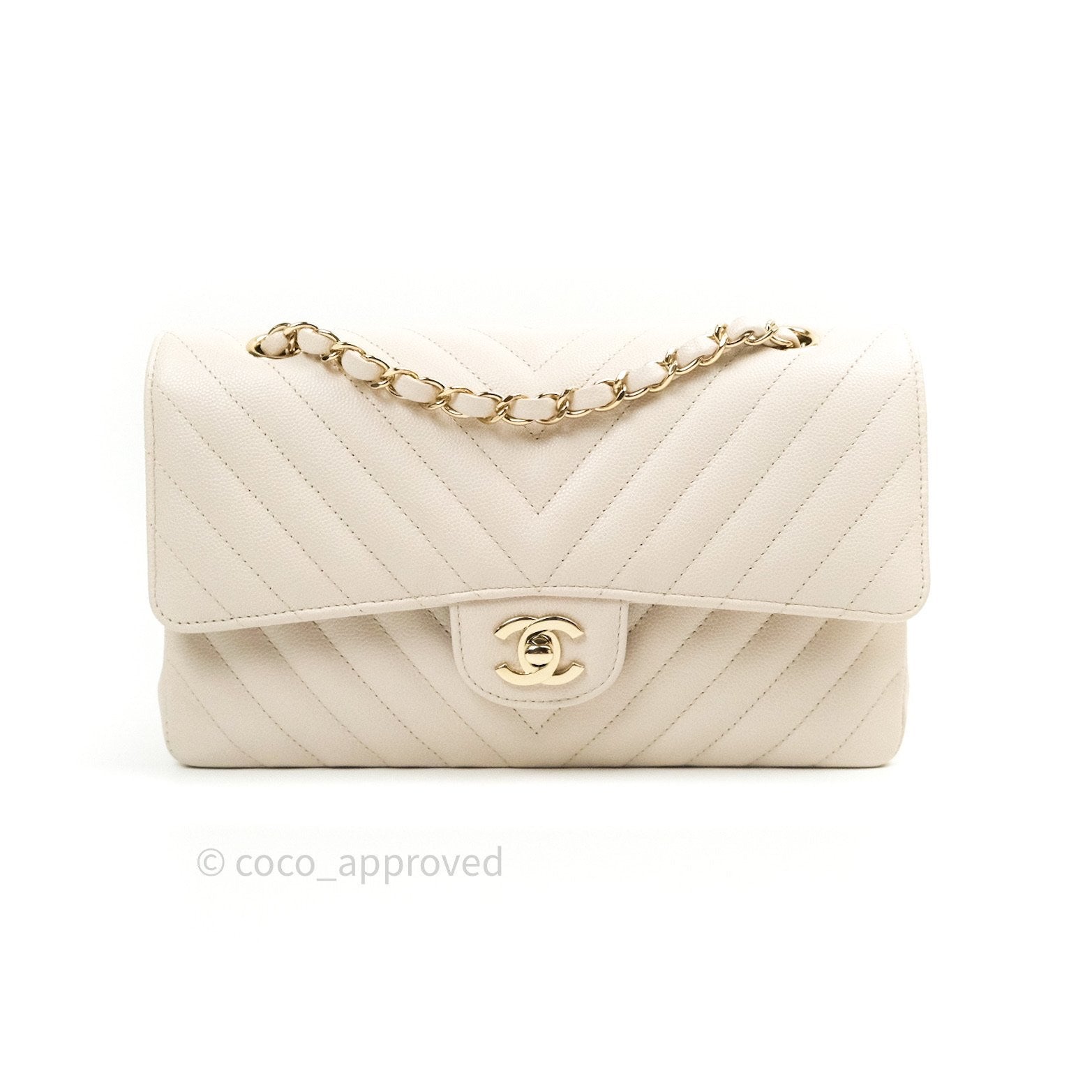 Chanel Classic Medium Double Flap Bag Chevron Ivory Caviar Leather with Gold Hardware - Luxury Designer Handbag for Women, Perfect for Work, Evening Events & Special Occasions