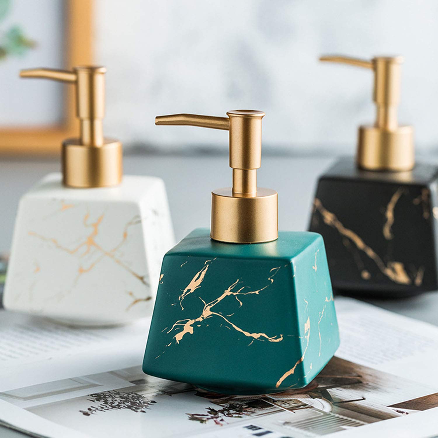 Premium Ceramic Soap Dispenser with Gold Pump - 8oz Square Bathroom Liquid Soap Bottle for Hand Soap, Lotion & Shampoo - Elegant Black & White Design - Perfect for Modern Bathrooms, Spa-Like Showers & Luxury Vanities