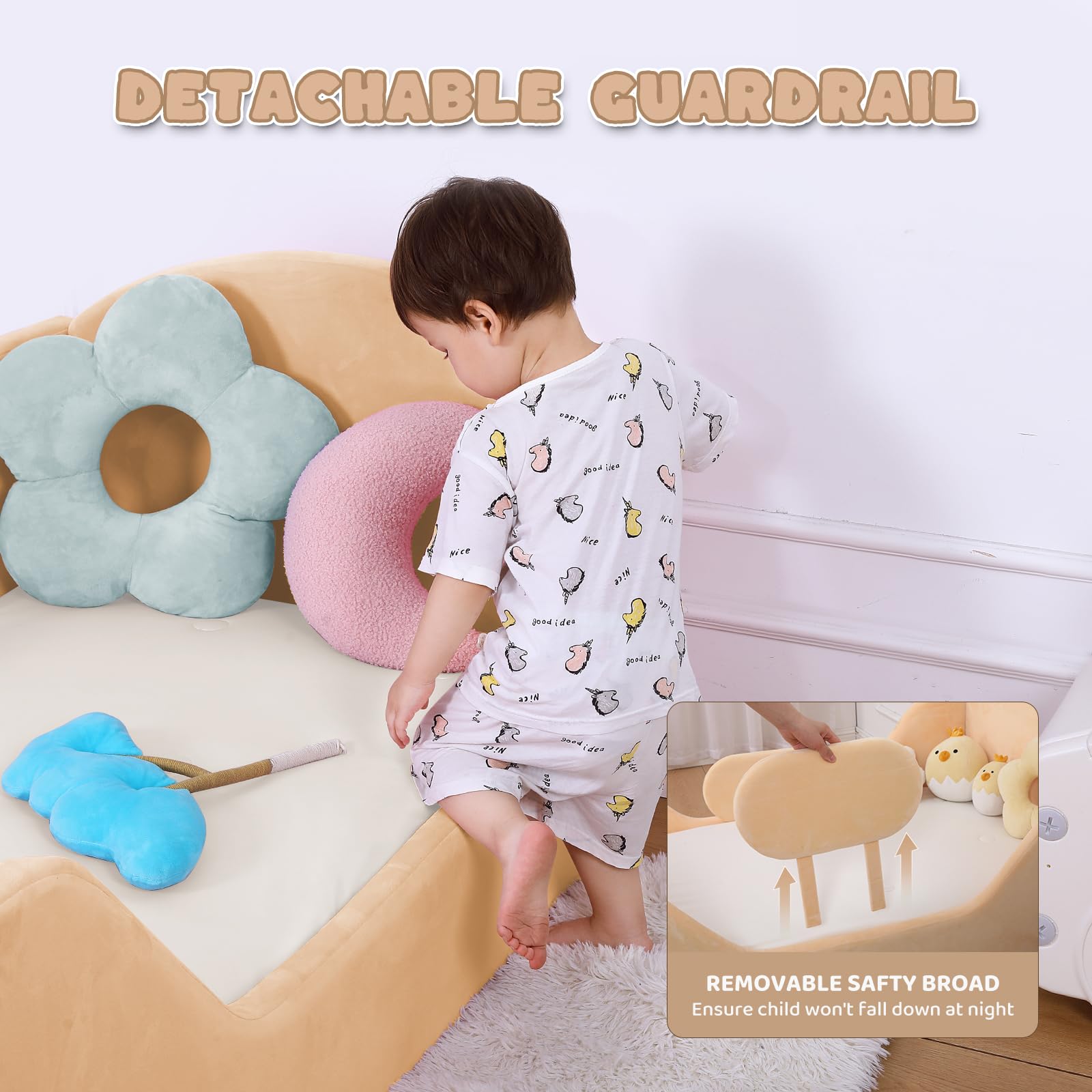 Round Toddler Bed with Safety Rail & Upholstered Headboard - Standard Crib Size Floor Bed for Kids 18 Months to 6 Years (Yellow, No Mattress Included) | Perfect for Montessori Rooms, Daycare Centers & Safe Toddler Sleep Spaces