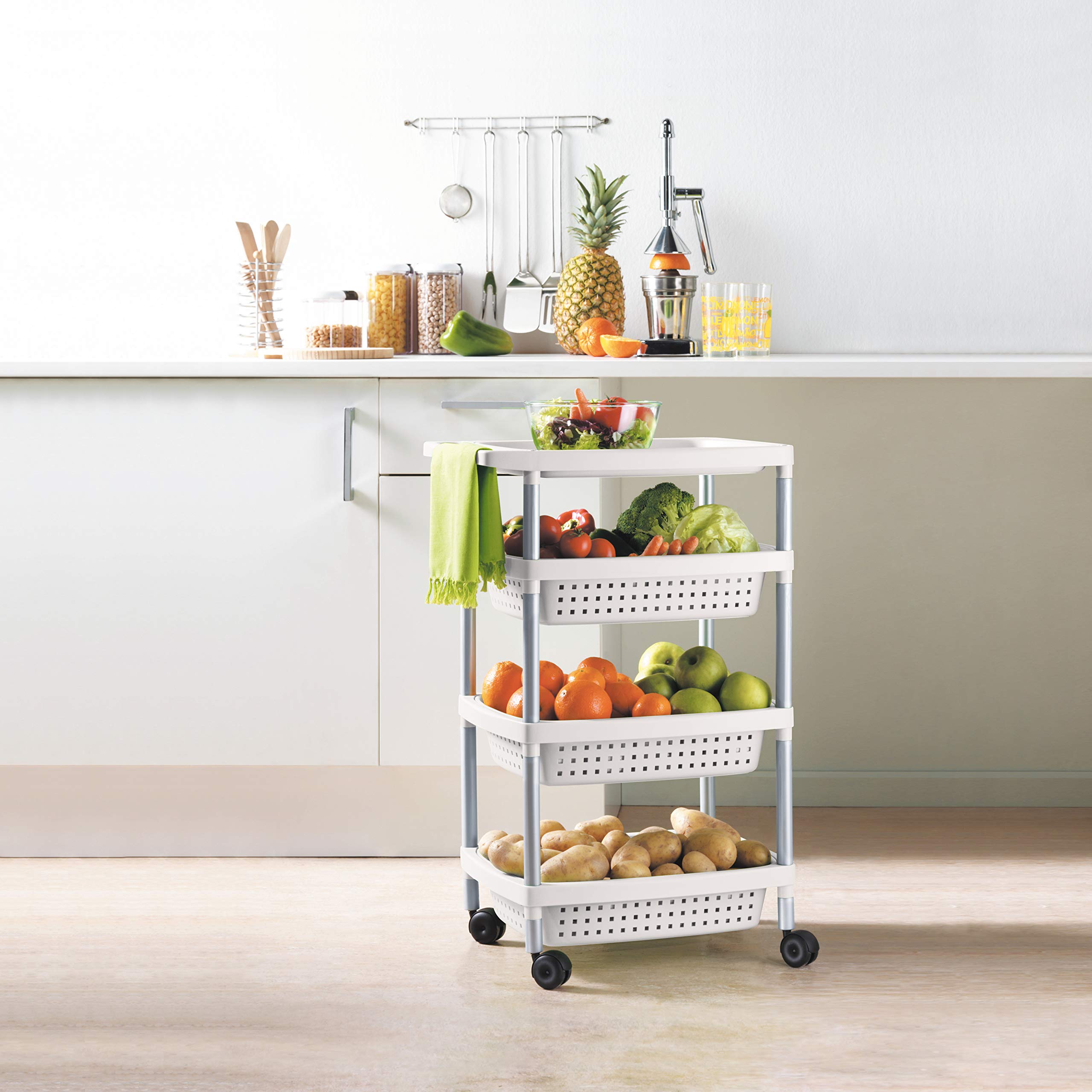 4-Tier Rolling Vegetable Cart - White Kitchen Storage Organizer for Fruits, Veggies & Pantry Items - Perfect for Home, Grocery Store & Farmers Market
