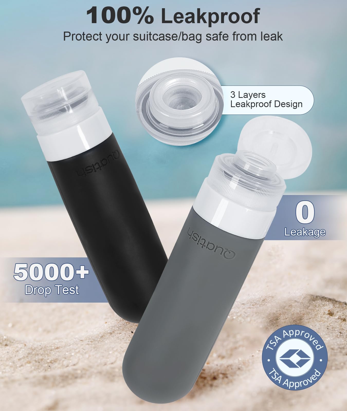 Quatish 3 oz Leak Proof Travel Bottles for Toiletries - TSA Approved Silicone Shampoo & Conditioner Containers (4 Pack, Grey) - Perfect for Air Travel, Gym & Vacation Essentials