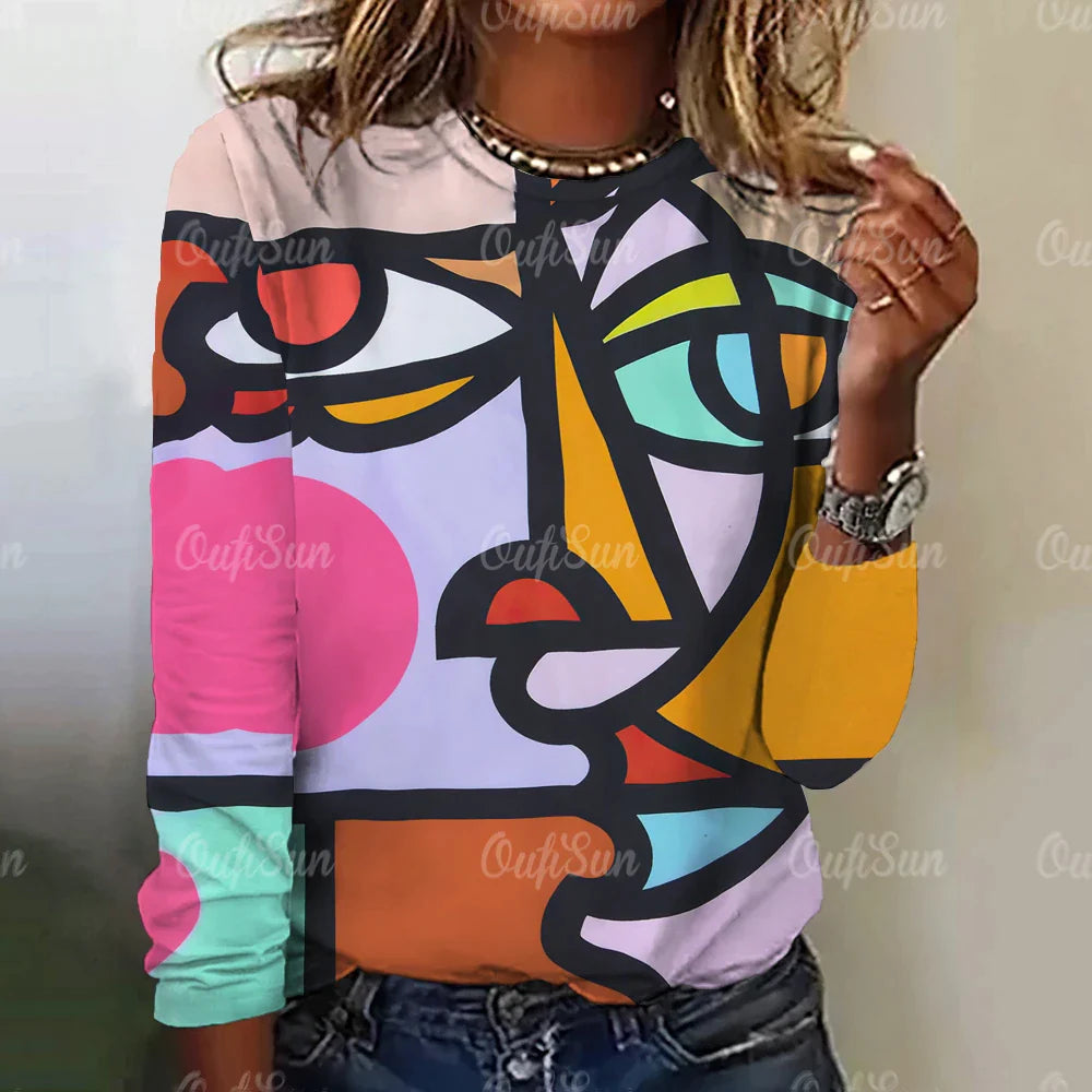 Funny Face Print Women's Long Sleeve T-Shirt | Harajuku Style Gothic Graphic Tee | Oversized Fashion Top for Women & Girls | Perfect for Halloween, Cosplay & Streetwear Outfits