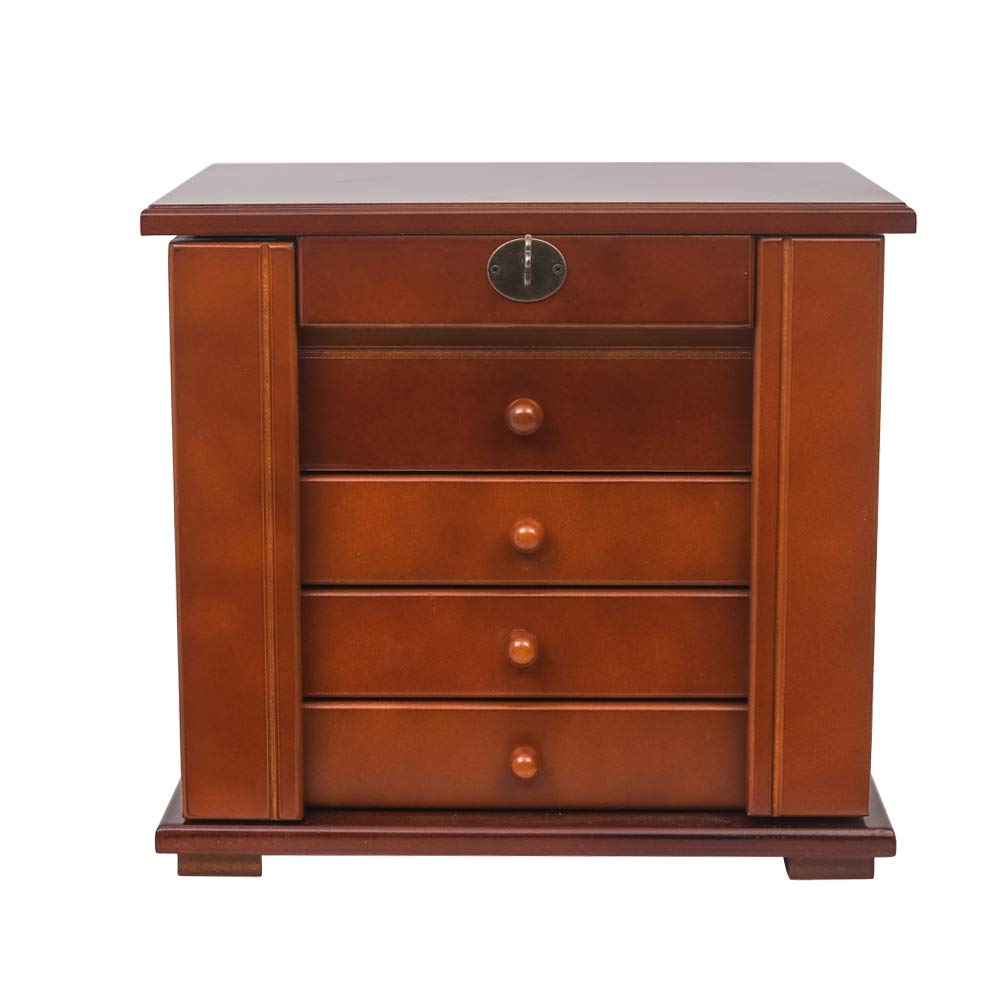 Handcrafted Wooden Jewelry Box Organizer - 5 Layer Storage Case with 4 Drawers, Brown - Perfect for Necklace, Ring & Earring Organization in Bedroom, Bathroom or Travel