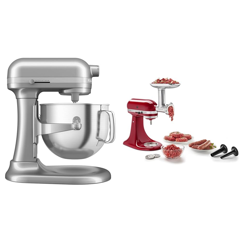 KitchenAid 7 Quart Bowl-Lift Stand Mixer with Metal Food Grinder Attachment - Contour Silver | Powerful Electric Mixer for Baking, Dough Kneading & Meat Grinding | Perfect for Home Bakers & Professional Chefs
