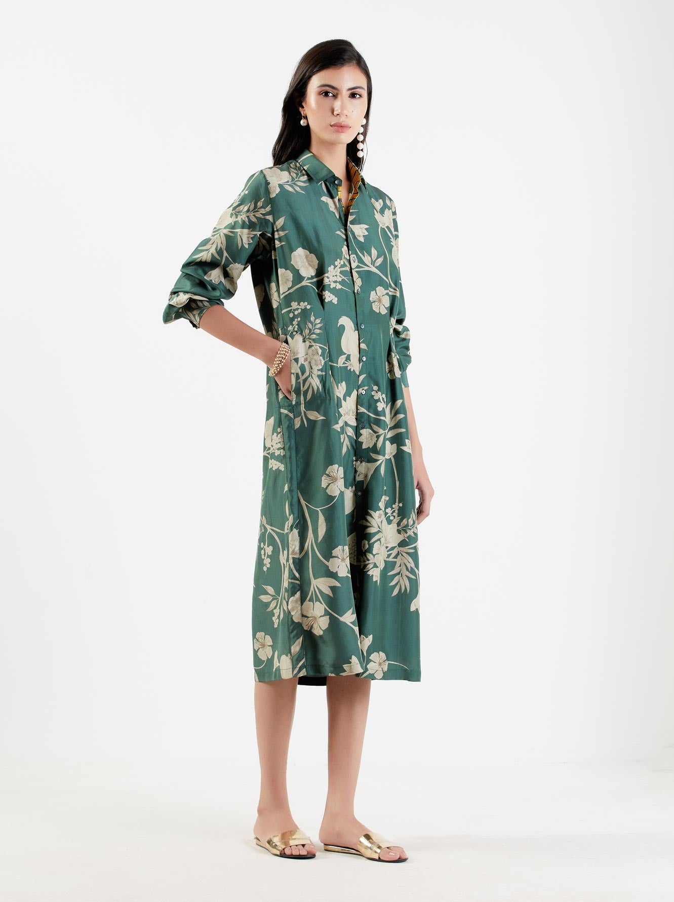 Elegant Pleated Silk Twill Dress for Women - Forest Green Flowy Midi Dress for Office, Wedding & Special Occasions