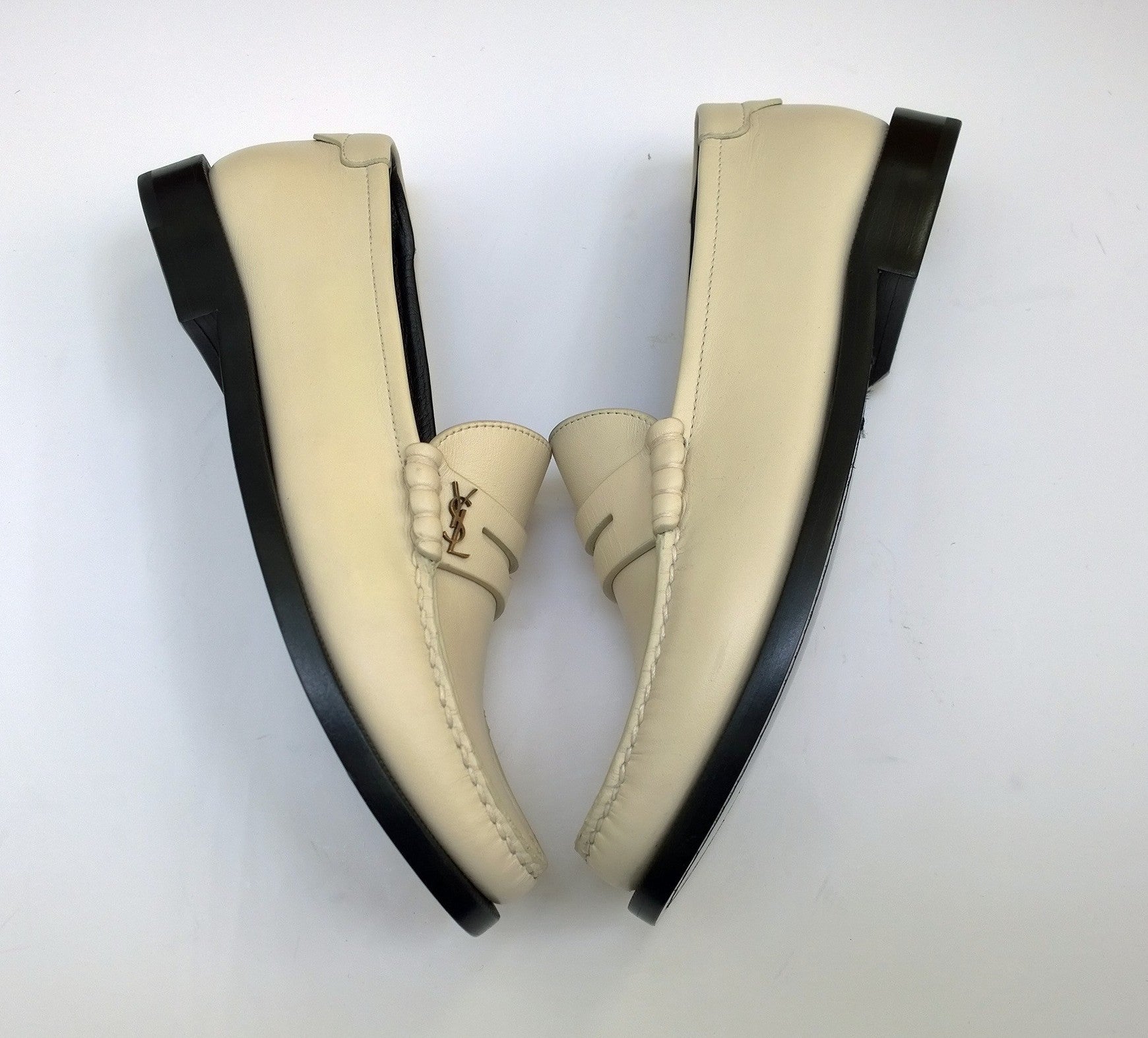 Saint Laurent Le Leather YSL Penny Loafers in Cream - New in Box with Minor Imperfections | Luxury Women's Shoes for Office, Date Night & Formal Events