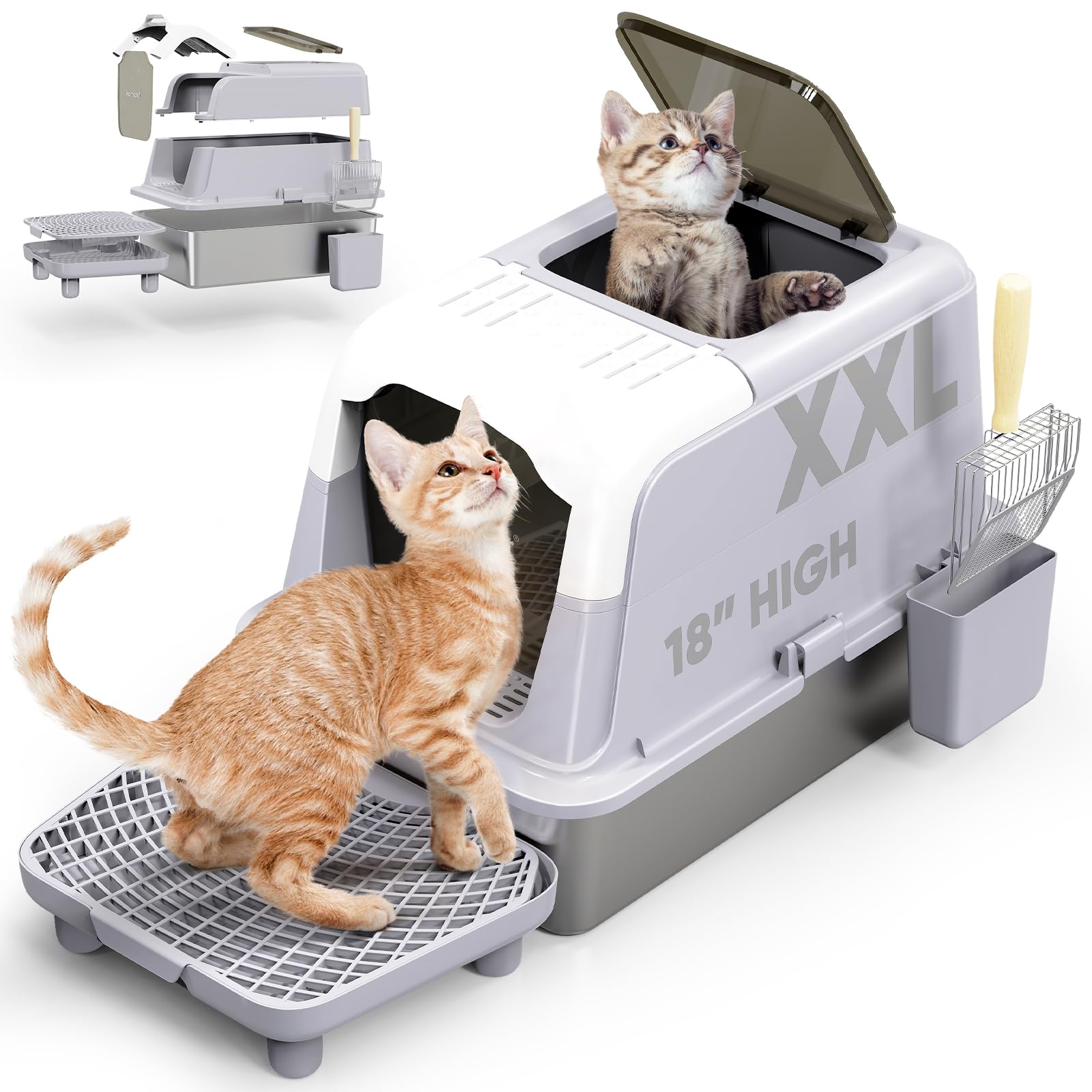 XXL Stainless Steel Cat Litter Box with Lid - Extra Large Enclosed Metal Litter Box for Big Cats - Removable Front Entry & Top Exit Design - High Sided Enclosure with Scoop & Footboard (Grey) - Perfect for Large Breed Cats & Multi-Cat Households