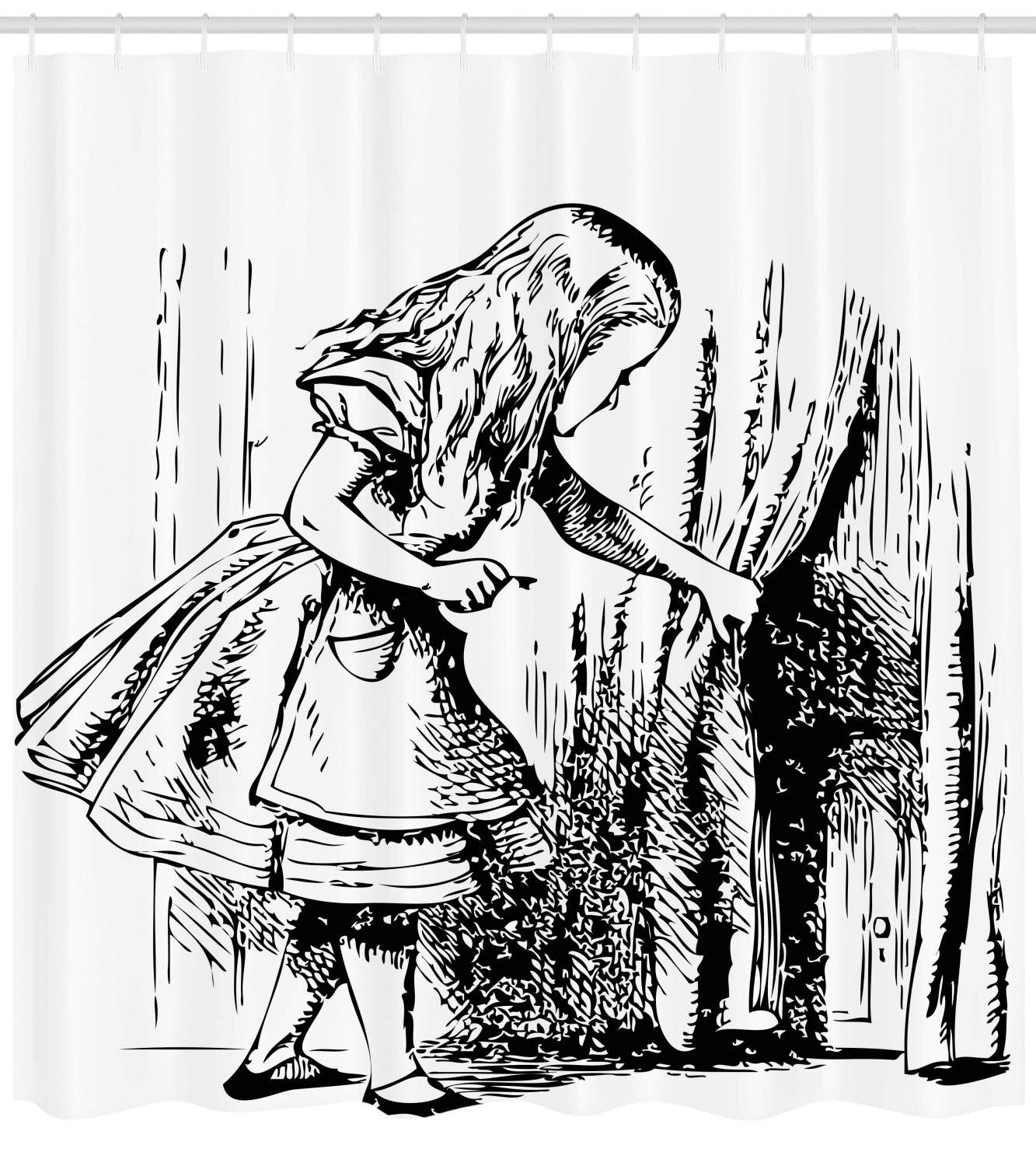 Ambesonne Alice in Wonderland Shower Curtain - Black & White Alice Through the Looking Glass Design, 69x75 Inch Fabric Bathroom Decor with Hooks - Perfect for Themed Bathrooms, Wonderland Parties & Gift Ideas