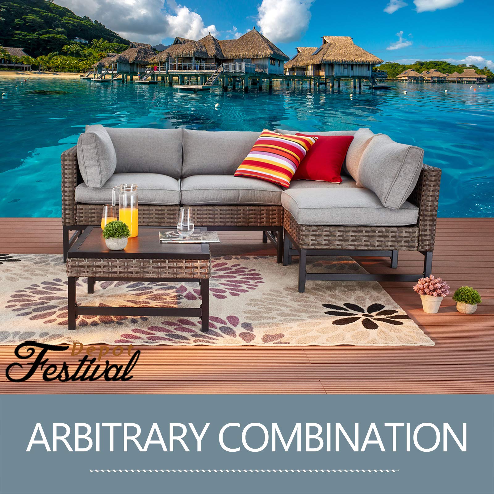 Outdoor Coffee Table with Metal Frame & Wood Grain Top - 23.6