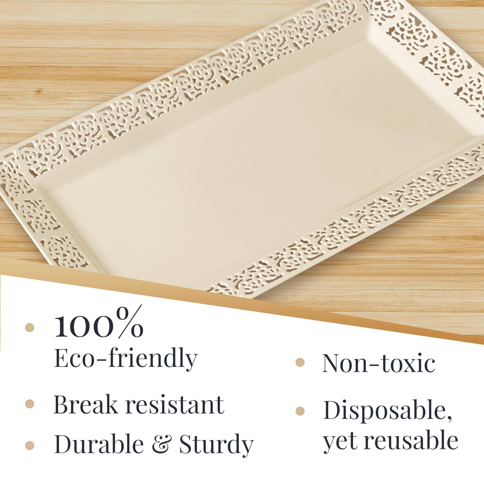 Elegant Lace Plastic Serving Trays Set of 6 - 14” x 7.5” Disposable Party Platters for Snacks, Desserts, Sweets - Ivory - Perfect for Weddings, Baby Showers, Bridal Showers & Birthday Celebrations