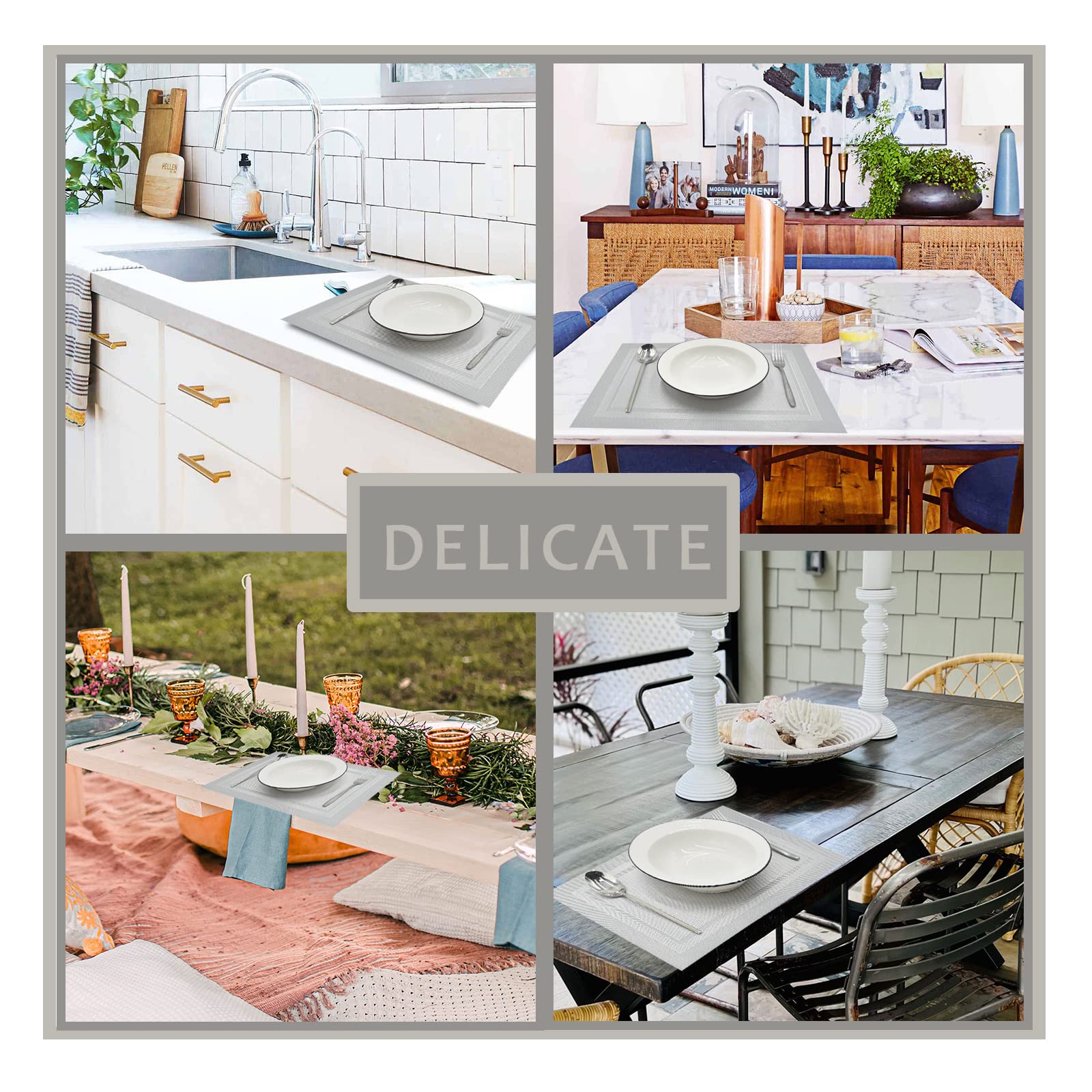 6-Pack Woven Boho Placemats for Dining Table - Waterproof Vinyl Table Mats with Silver Frames for Indoor & Outdoor Use - Perfect for Patio, Picnic, and Everyday Dining Decor