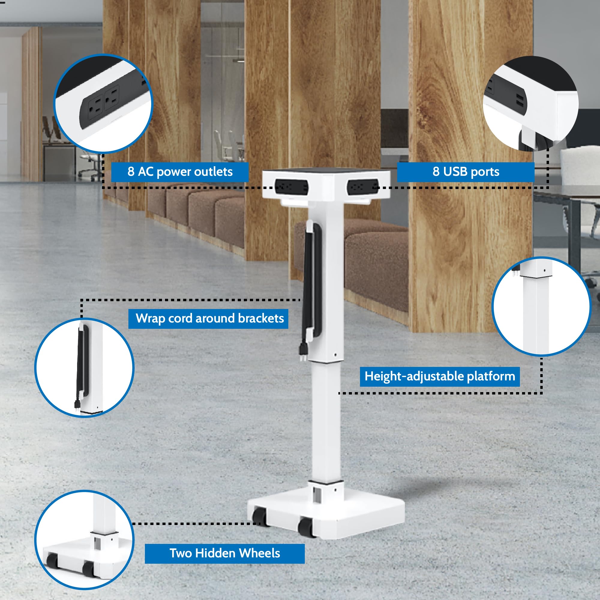 Offex White Mobile AC and USB Charging Tower - Fast Charging Station for 16 Devices | Perfect for Home, Office, and Travel Use