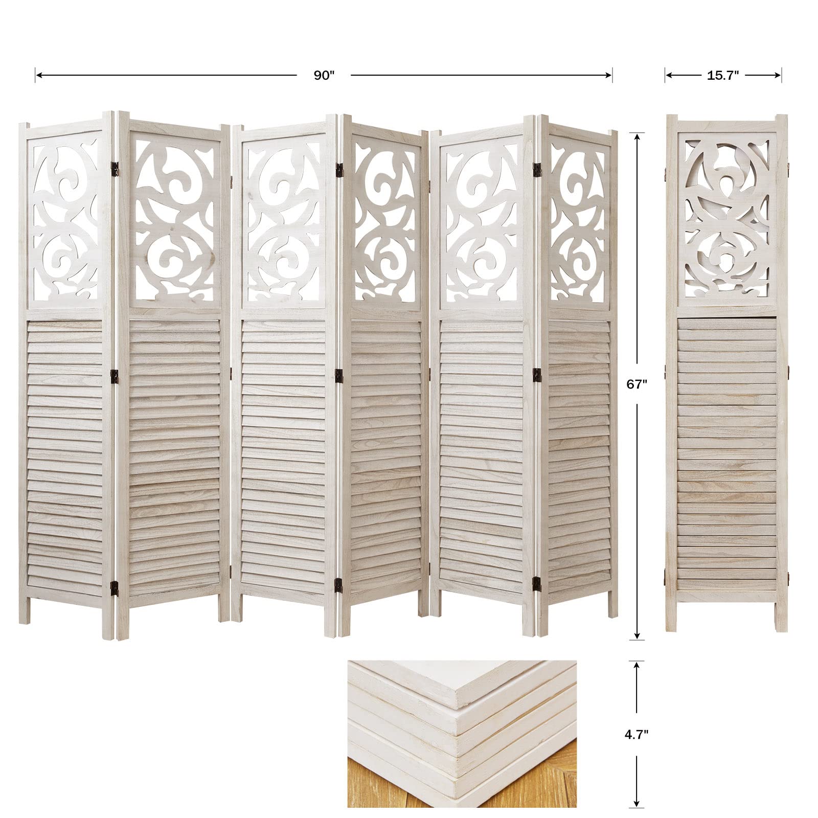 Wooden Room Divider Screen - 6 Panel Folding Partition for Home, Office, Garden & Terrace | 67x90 Inches Portable Wall Divider (White) | Perfect for Privacy, Space Separation & Decoration
