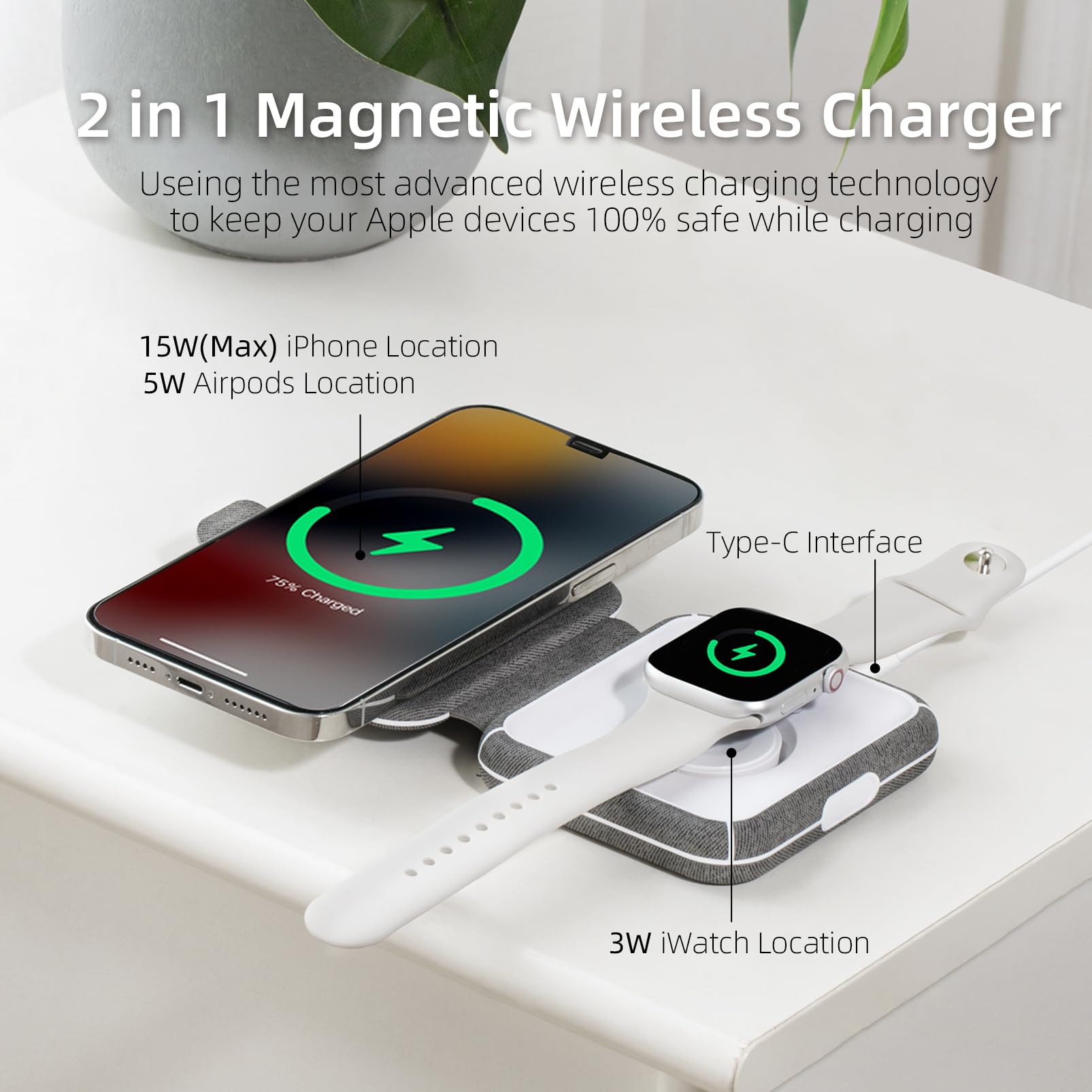 Mangotek 2-in-1 Magnetic Wireless Charger - Foldable MagSafe Charging Pad & Station for iPhone 15/14/13/12/11 Series, AirPods & Apple Watch | Portable Travel Charger for Home, Office & Car Use