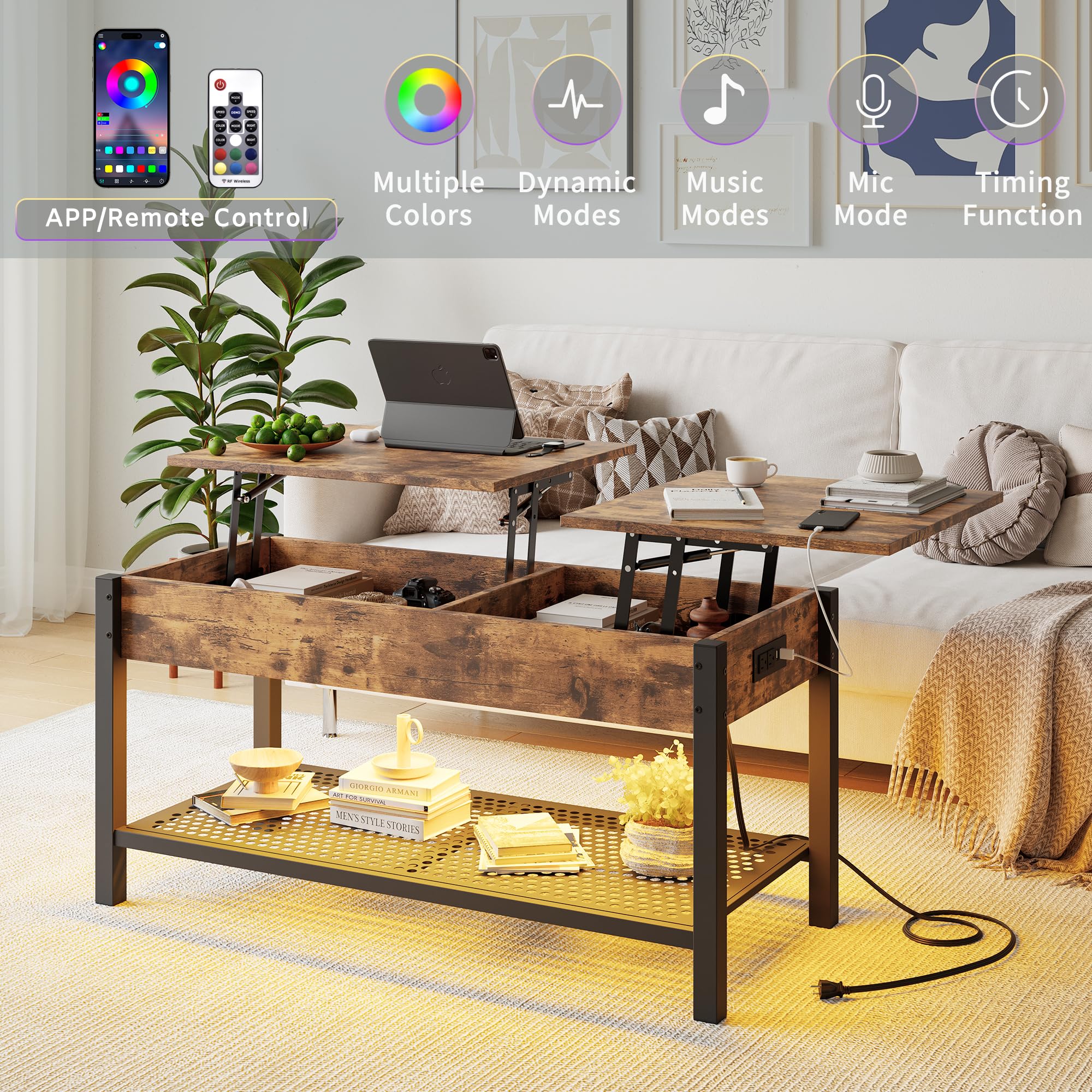 Lift Top Coffee Table with Storage & LED Lights - 41.7