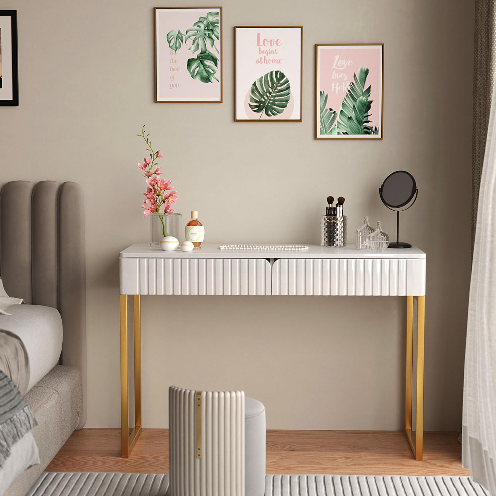 Modern Gold Legs Writing Desk with 2 Drawers - 43.3x15.75 Inch Home Office Desk for Computer Work, Makeup Vanity, Study or Entryway Sofa Table - Perfect for Small Spaces & Contemporary Decor