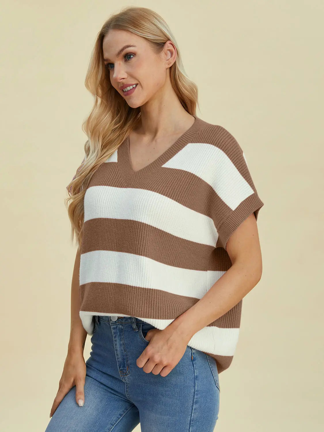Double Take Full Size Striped V Neck Short Sleeve Sweater for Women - Soft Knit Pullover Casual Top for Spring & Summer Outfits | Office Wear, Date Night, Weekend Brunch