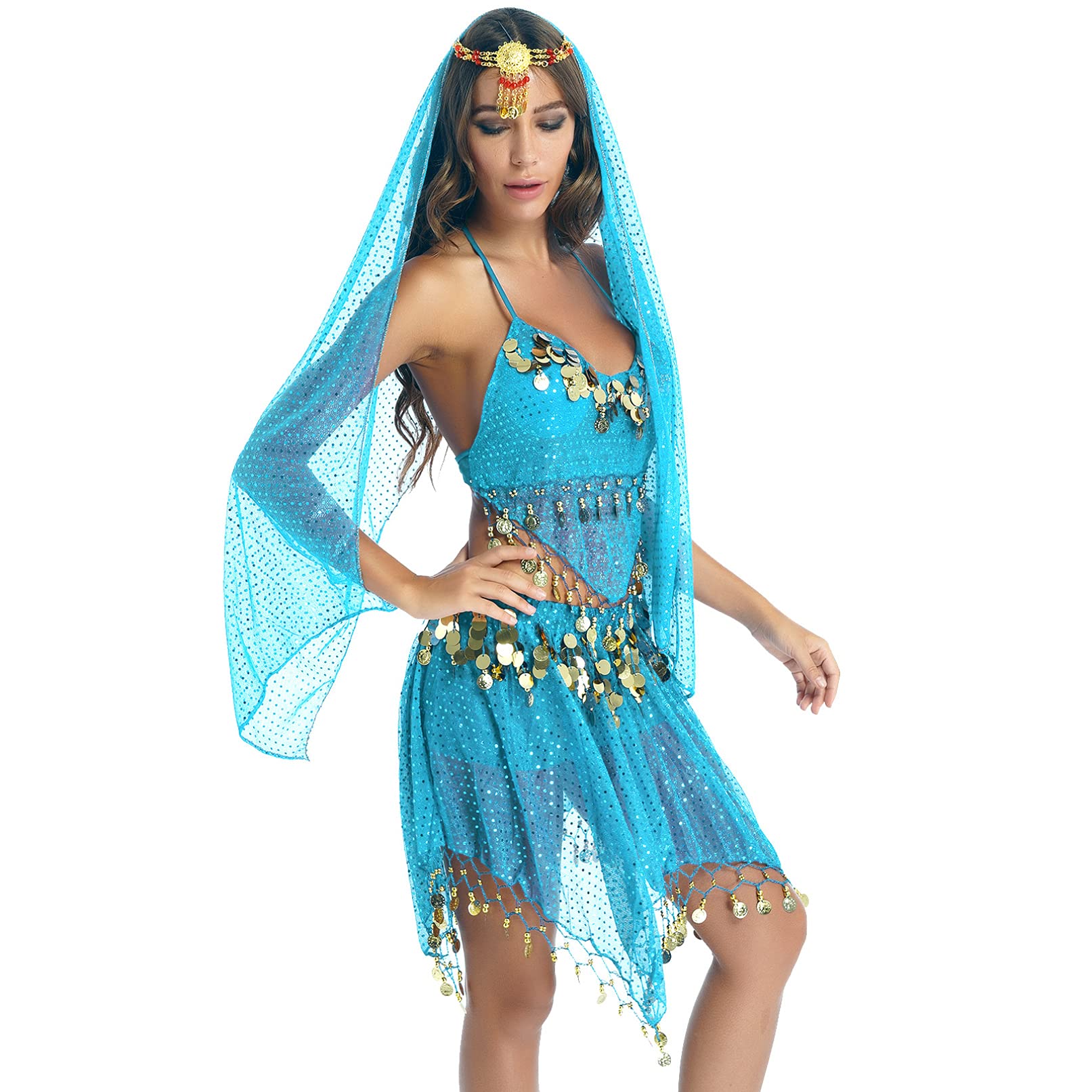 Women's Belly Dance Costume - Indian Bollywood Sequin Skirt & Shiny Outfit for Professional Performances | Perfect for Dance Shows, Cosplay & Cultural Events