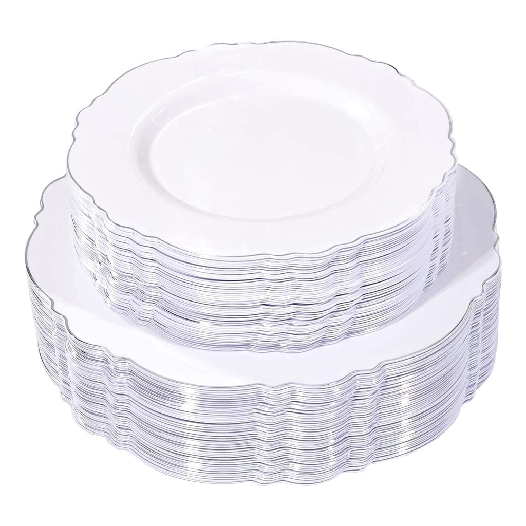 180-Piece Silver Plastic Cutlery Set - 100 Silver Plastic Plates - Elegant Baroque White Design for Parties, Weddings & Events