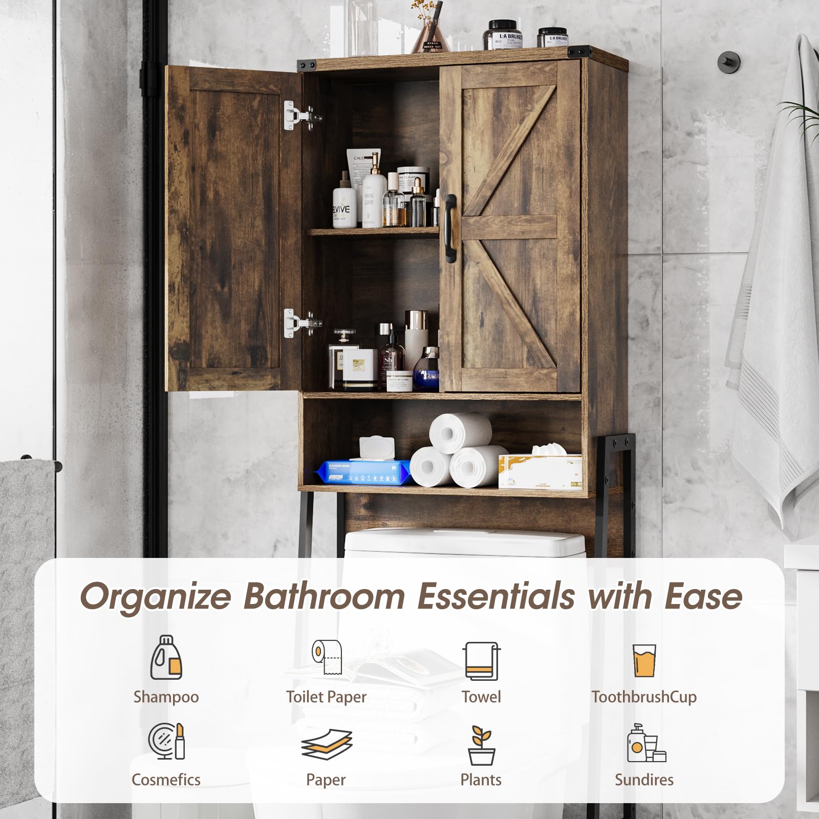 2-Door Over The Toilet Storage Cabinet with Shelves - Bathroom Organizer with Anti-Tip Device for Bathroom, Restroom & Laundry - Brown - Perfect for Small Space Organization and Extra Storage