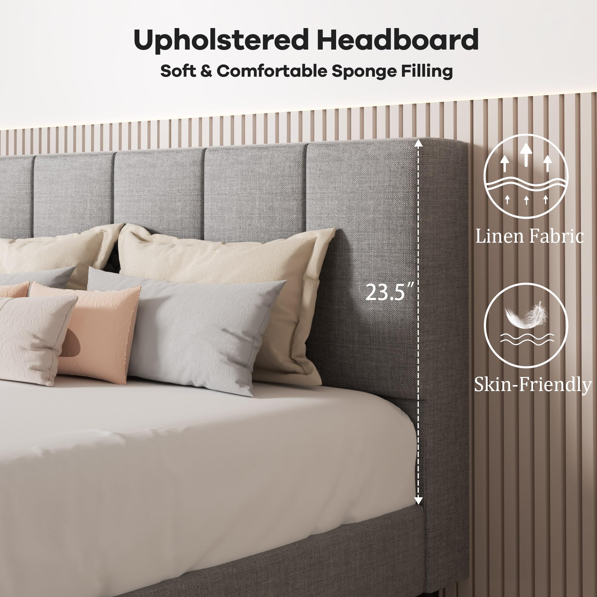 UNIZONE Queen Size Bed Frame with Button Tufted Upholstered Headboard - Wooden Slat Support Platform Bed - No Box Spring Needed - Easy Assembly - Light Gray Fabric - Perfect for Master Bedroom, Guest Room & Small Spaces