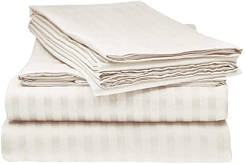 Luxury 1000 Thread Count 100% Egyptian Cotton 4-Piece Queen Bed Sheet Set - Breathable, Soft & Smooth Italian Finish, Ivory Stripe, Fits Mattress Up to 16