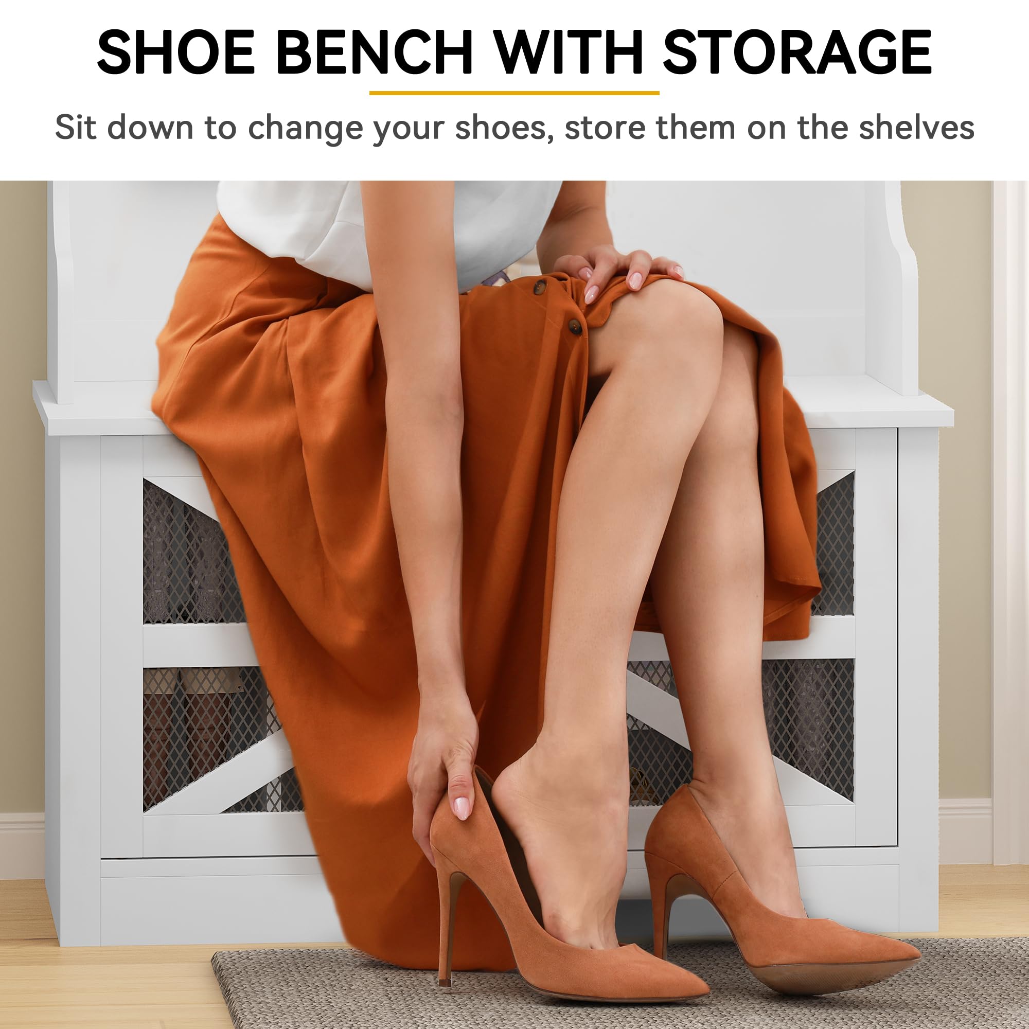 Farmhouse Hall Tree with Coat Rack & Shoe Storage - White Entryway Bench for Hallway Organization | Perfect for Mudroom, Foyer & Home Entry Decor