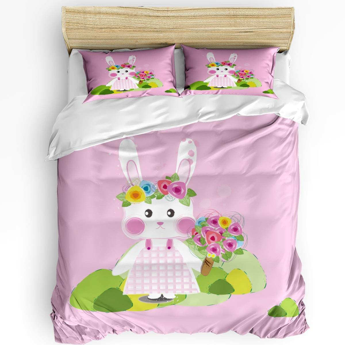 Easter Cute Rabbit Pink Twill Plush Duvet Cover Set - Soft Comforter Cover with Zipper Closure, 1 Duvet Cover + 2 Pillow Shams, California King Size - Cozy Bedding for Spring Decor & Kids Room