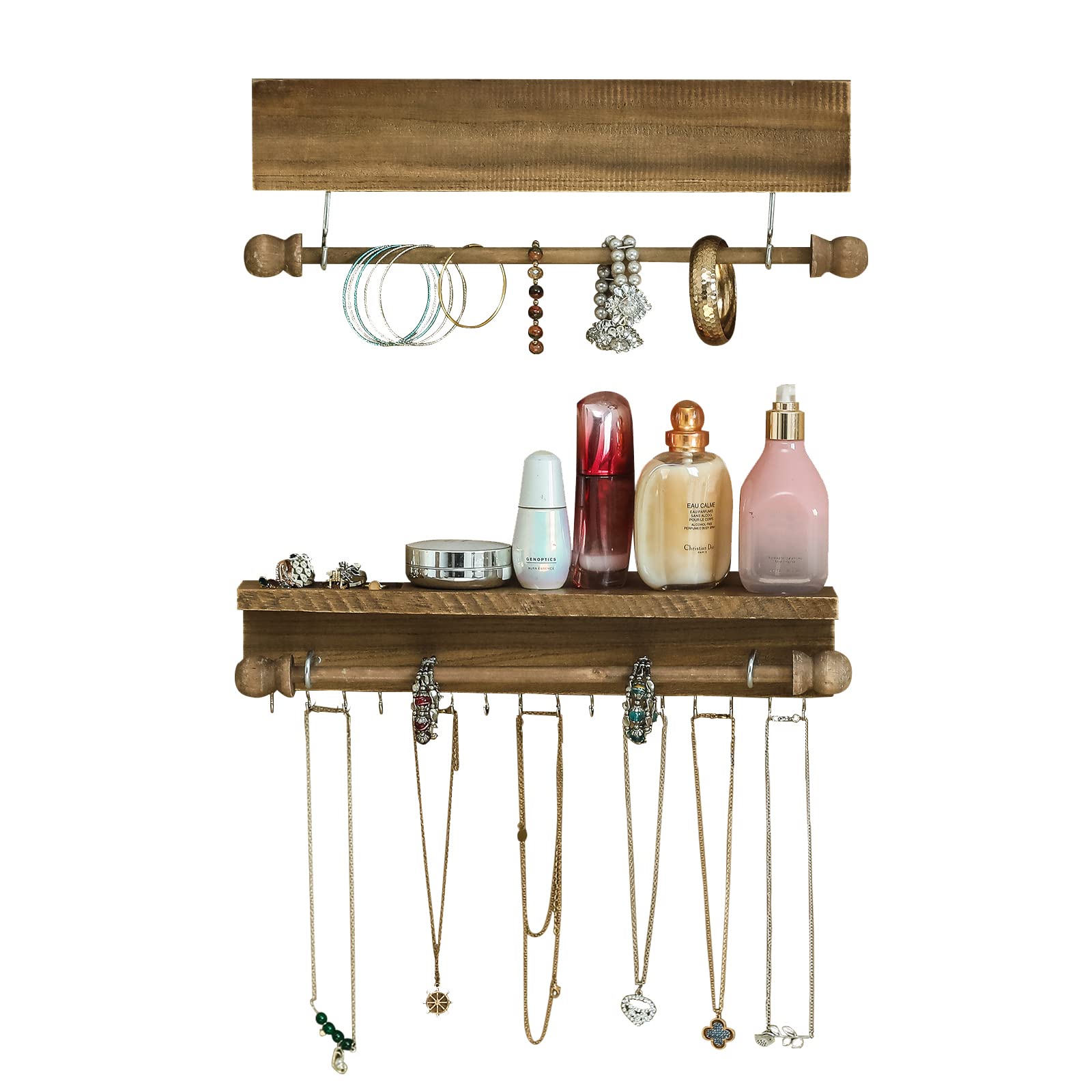 Ochine Rustic Wooden Wall Mounted Jewelry Organizer - Hanging Jewelry Cabinet with Storage Hooks for Necklaces, Earrings, Bracelets & Rings | Perfect for Bedroom, Bathroom & Closet Organization