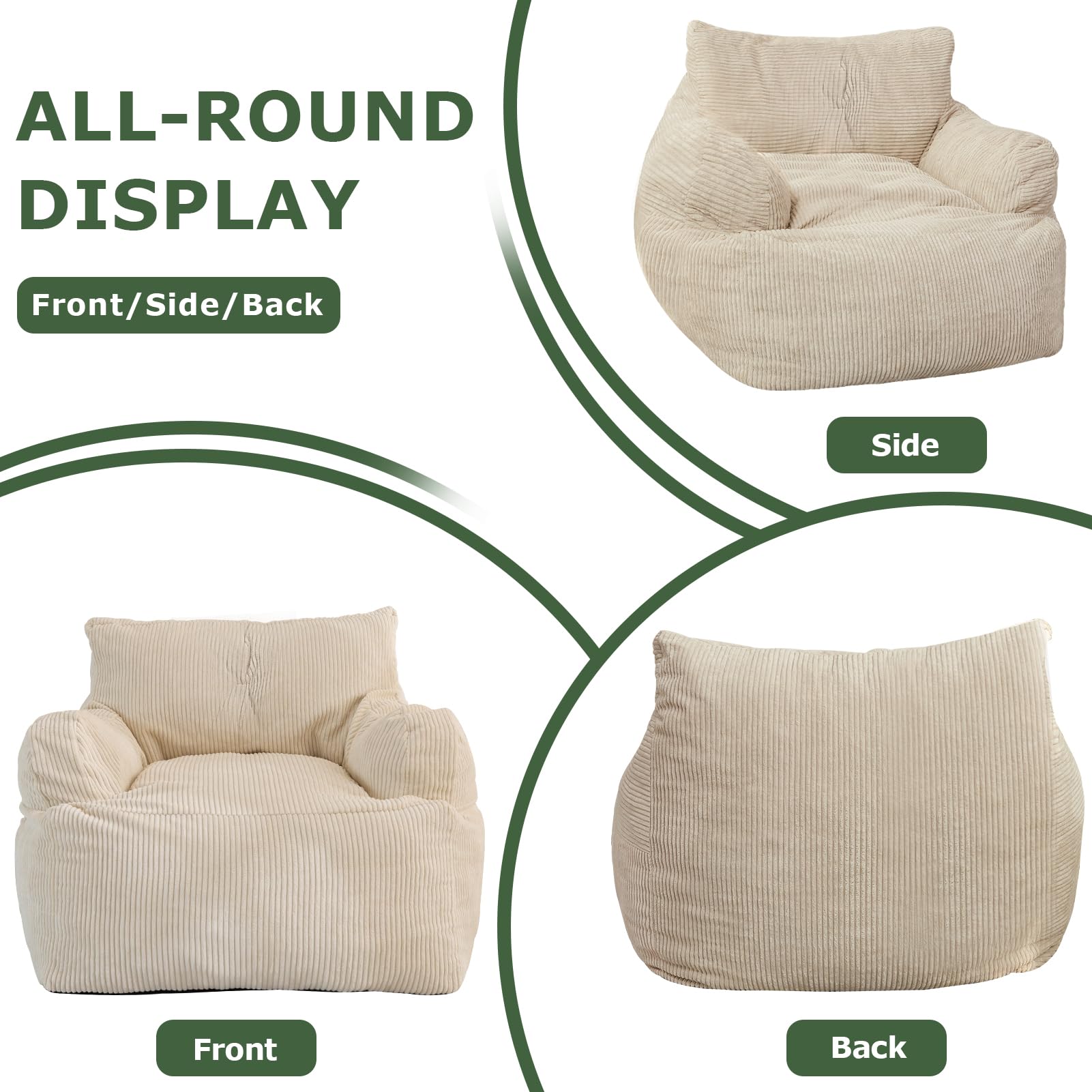 HIGOGOGO Bean Bag Chair Sofa - Extra Large Comfy Lazy Chair with Pocket Armrests for Living Room, Bedroom, Gaming & Reading - Soft Beige Fabric for Ultimate Relaxation | Perfect for College Dorms, Home Theater & Kids Playroom