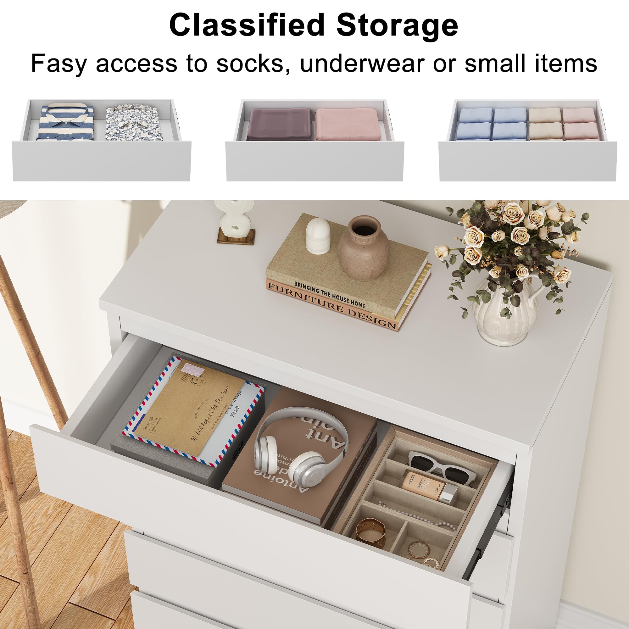 5-Drawer White Dresser for Bedroom - Modern Wooden Storage Chest with Deep Drawers - Perfect for Bedroom, Living Room, Hallway & Entryway Organization