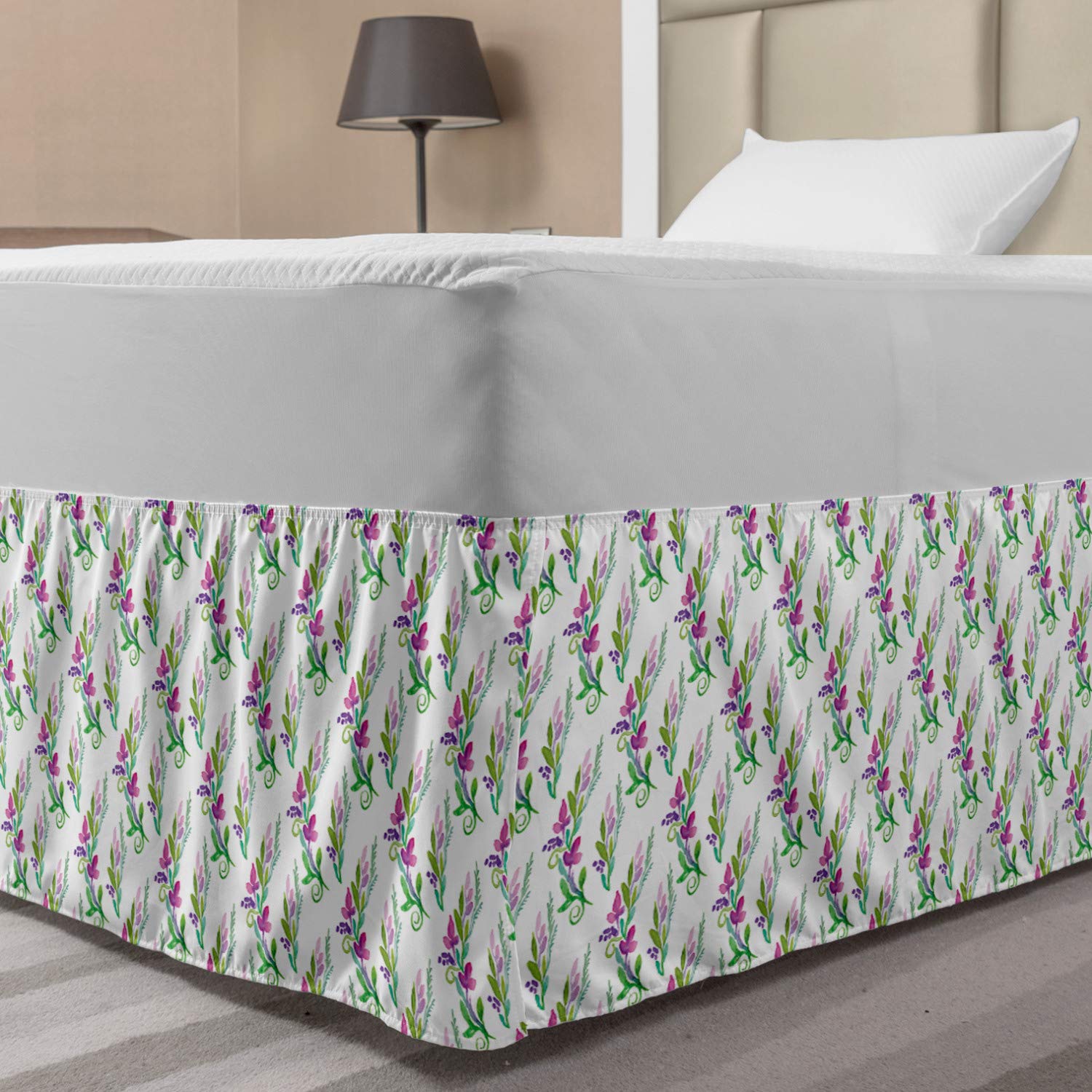 Ambesonne Floral Bed Skirt - Watercolor Meadow Flowers Spring Blossom Print, Elastic Dust Ruffle Wrap Around Bedskirt for Twin/Twin XL Beds, Pale Fuchsia Multicolor - Perfect for Spring Bedroom Decor & Guest Room Styling