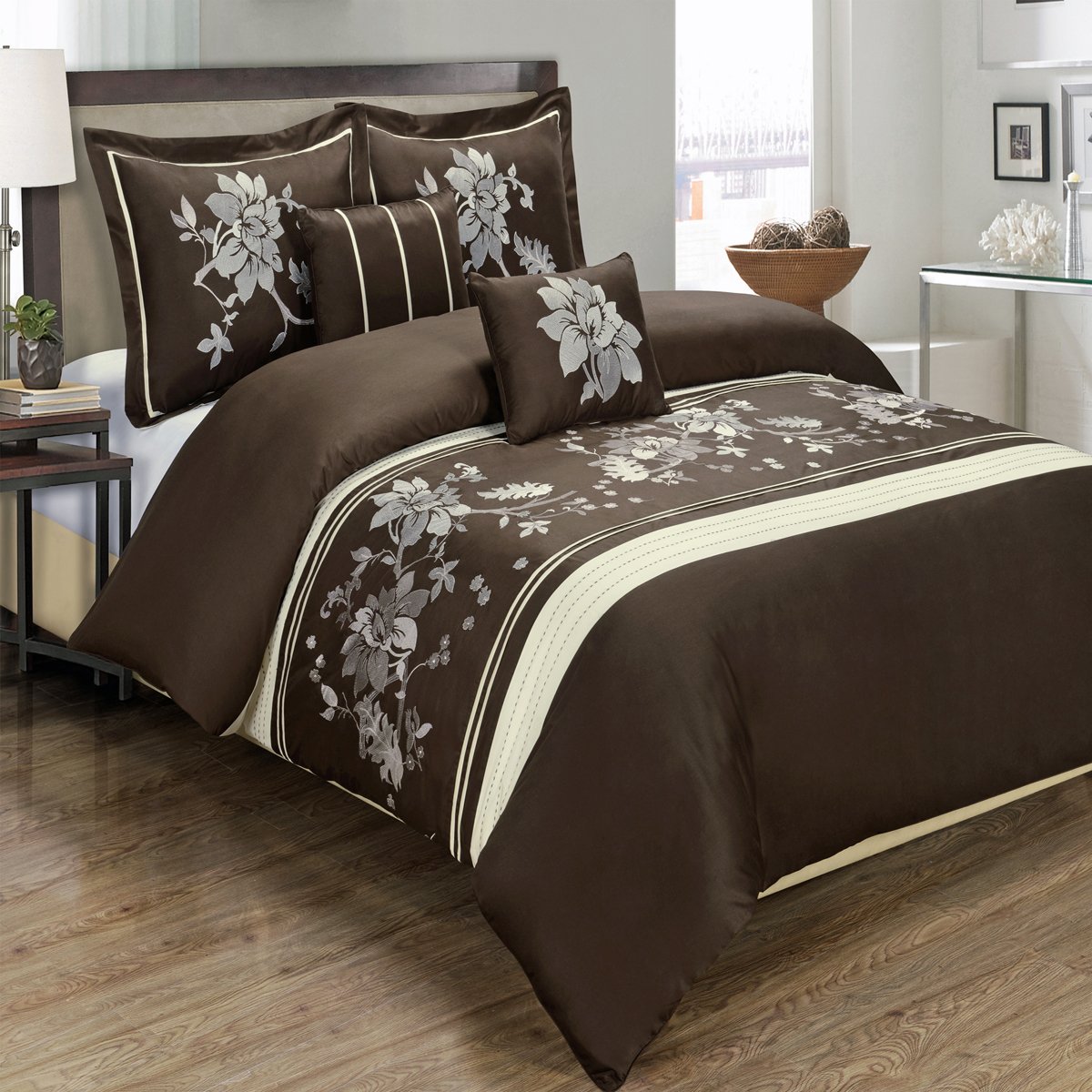 Royal Hotel Luxury 10-Piece Myra Full Size Embroidered Comforter Set in Chocolate - Soft Bedding Collection for Master Bedroom, Guest Room & Dorm Decor