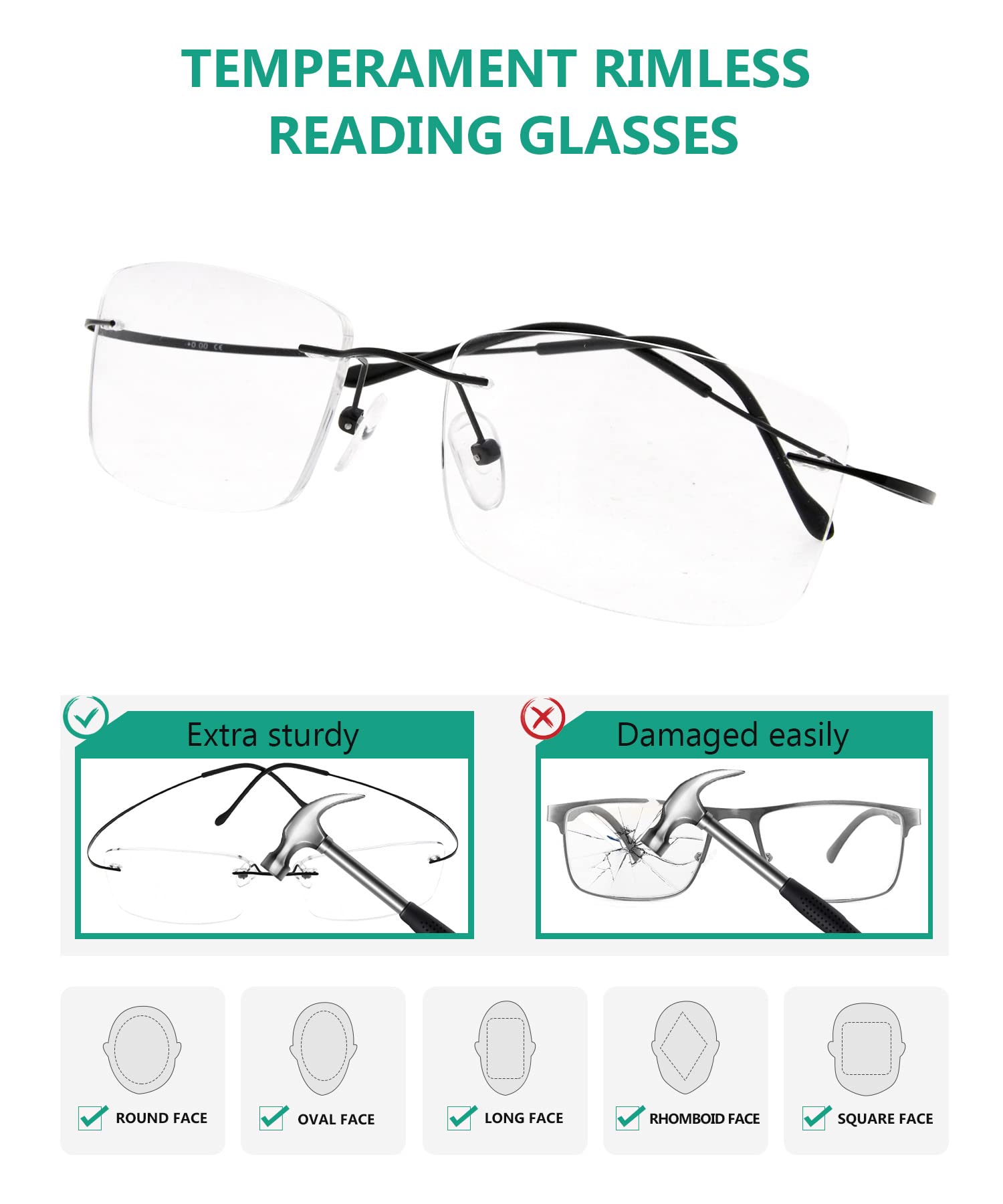 Titanium Rimless Reading Glasses for Men - Lightweight +1.25 Magnification - Perfect for Reading Books, Using Smartphones & Computer Work