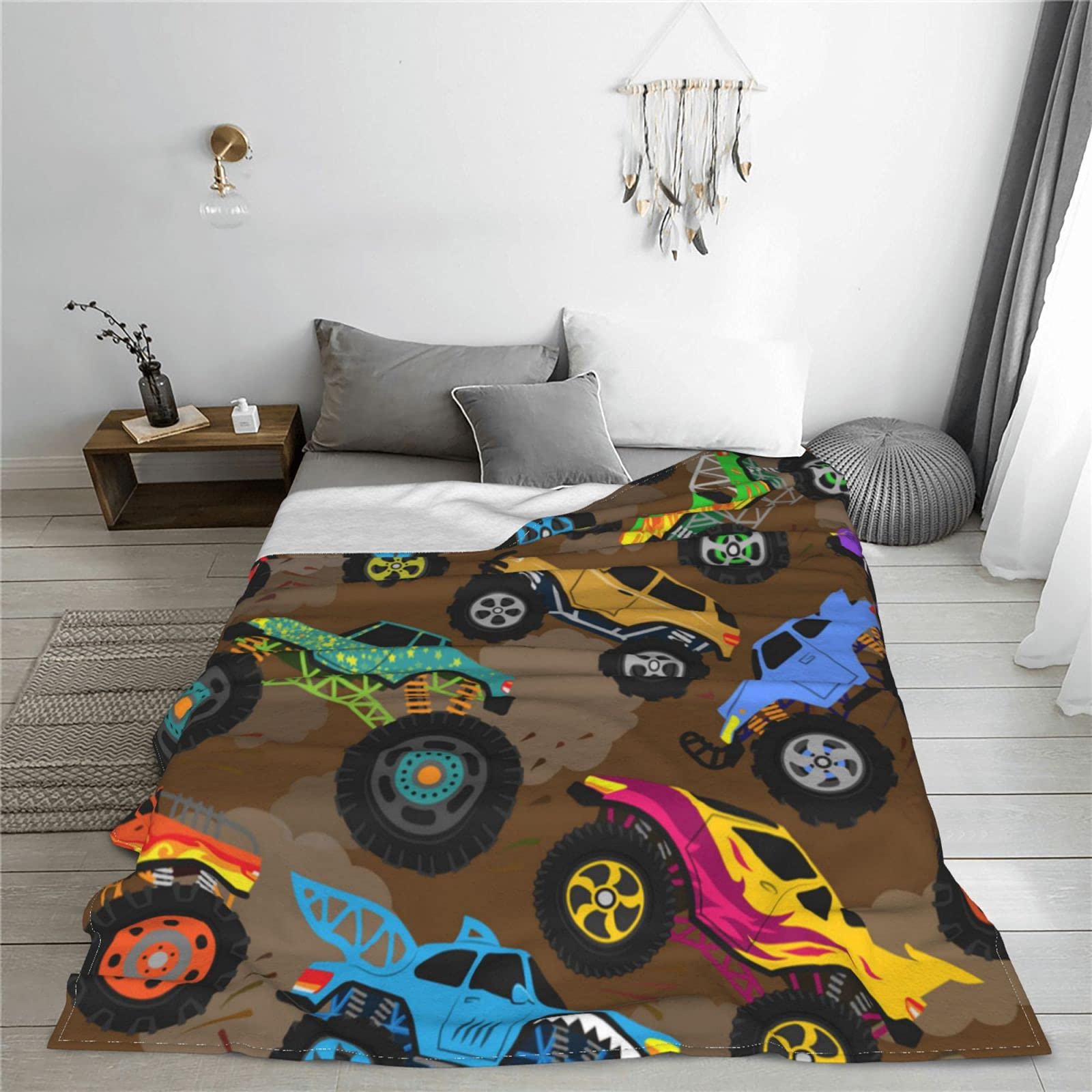 Monster Truck Cartoon Fleece Blanket - Soft Microfiber Anti-Pilling Fuzzy Bed Blanket for Boys 50
