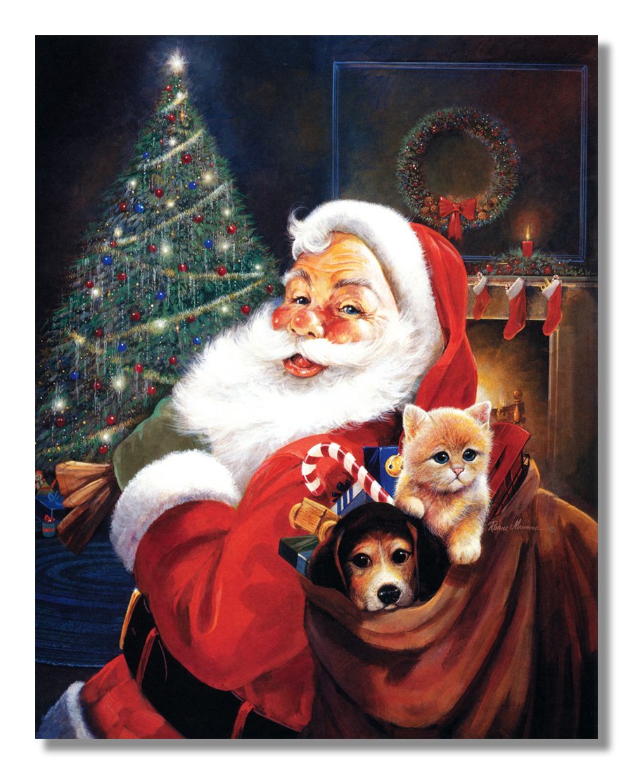Santa Claus St. Nick Christmas Toy Bag Dog Cat Wall Art Print - Framed & Matted Holiday Decor for Living Room, Bedroom & Office