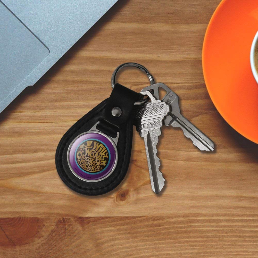 GRAPHICS & MORE Black Leather Willy Wonka and the Chocolate Factory Logo Keychain - Movie Memorabilia Gift for Fans, Collectors & Chocolate Lovers (Perfect for Key Rings, Backpacks, Gifts & Fan Merchandise)