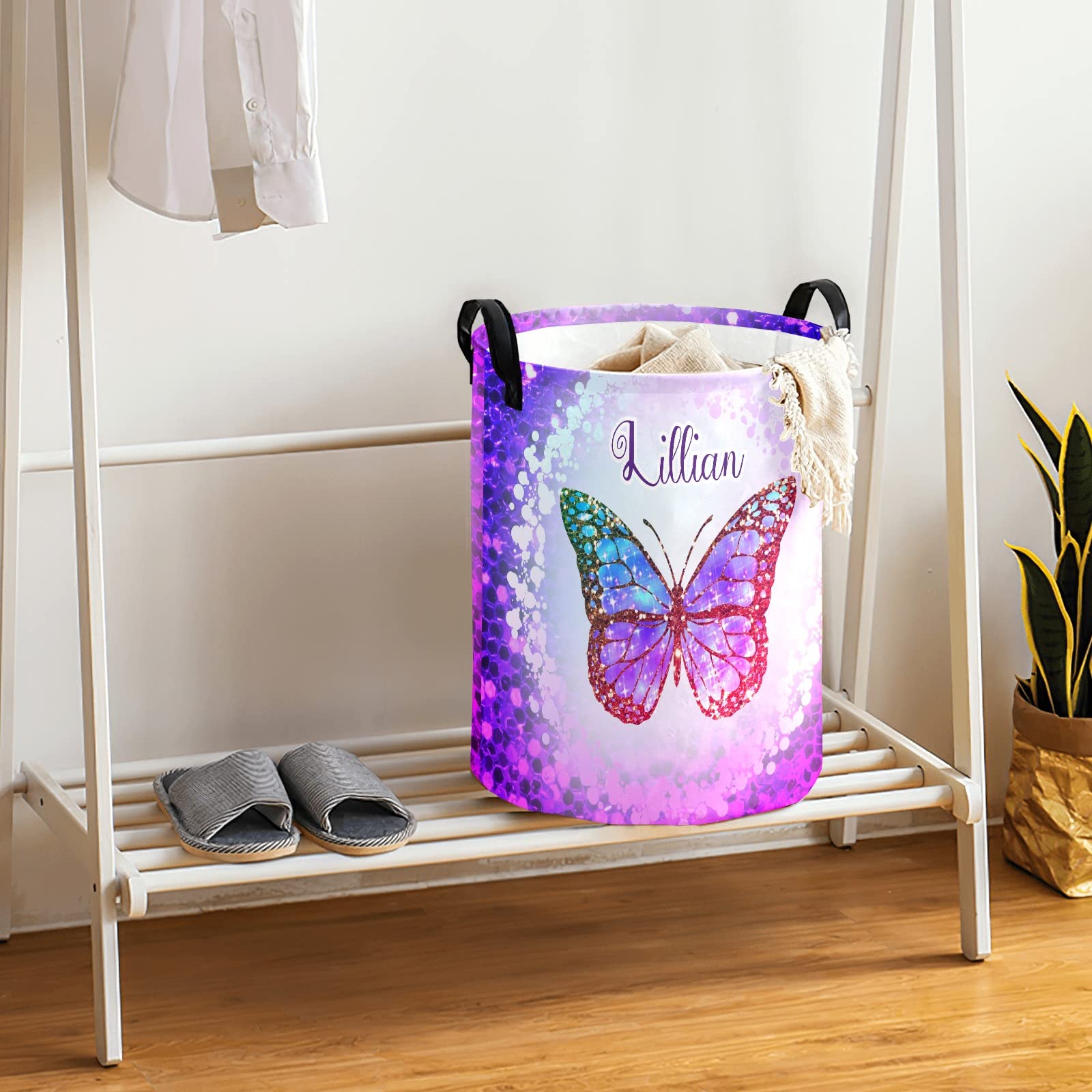 Custom Personalized Purple Butterfly Laundry Basket with Handles - Waterproof Collapsible Clothes Hamper for Bedroom & Bathroom - Large Capacity Storage Organizer for Home, Dorm, Laundry Room Decor