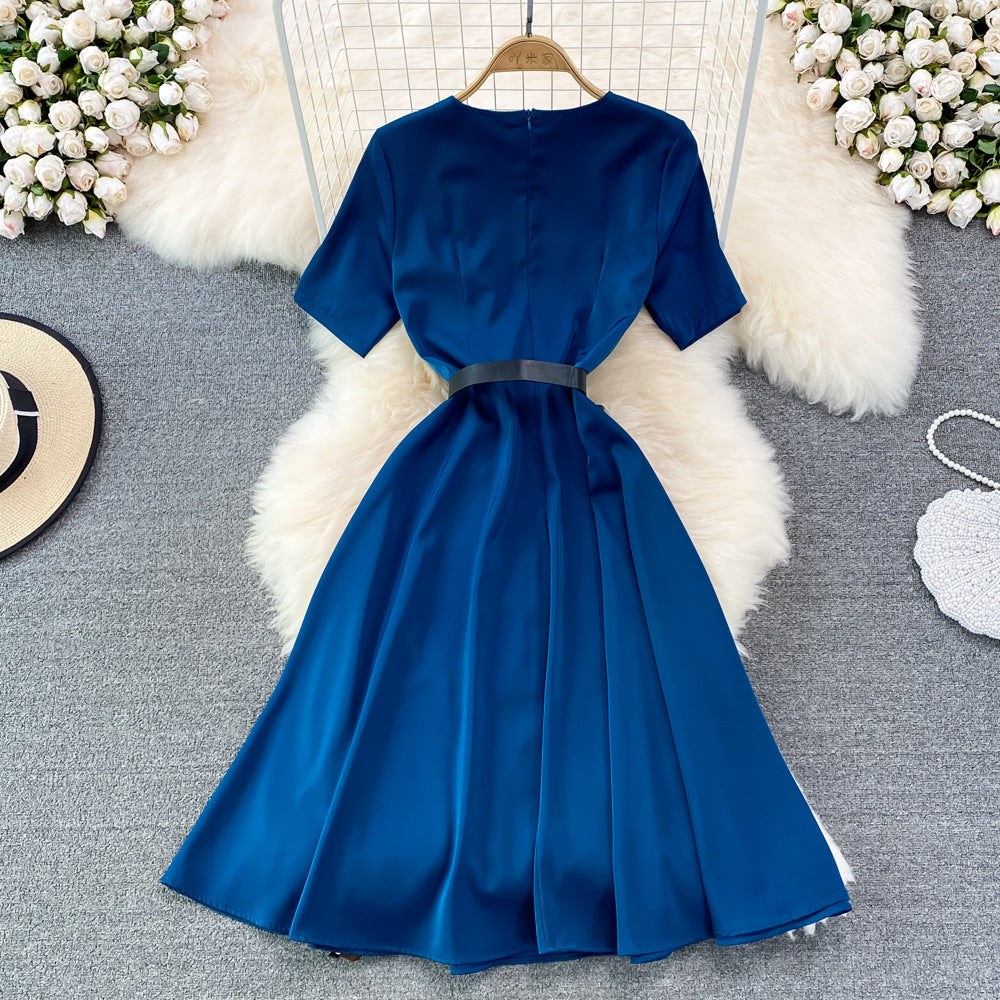 French Sweet Round Neck Short Sleeve A-Line Dress - Elegant Swing Long Skirt for Women | Perfect for Summer, Parties & Casual Wear | Style #449