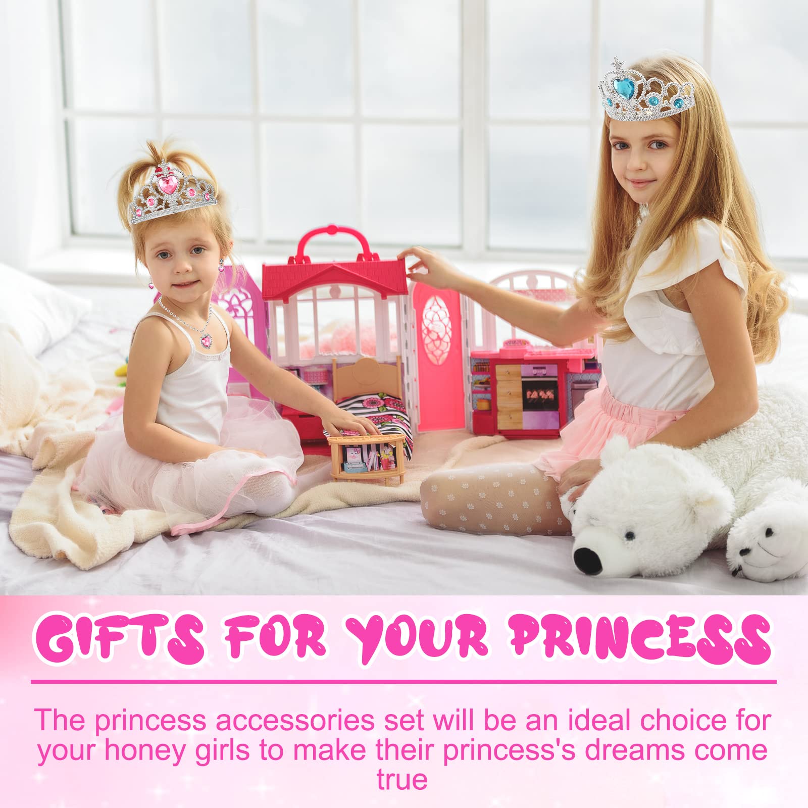 18-Piece Princess Jewelry Set with Crown, Wand, Necklace, Earrings & Rings - Pretend Play Dress-Up Toys for Girls (Blue, Pink, Purple) - Perfect for Birthday Parties, Tea Parties & Role-Playing Games