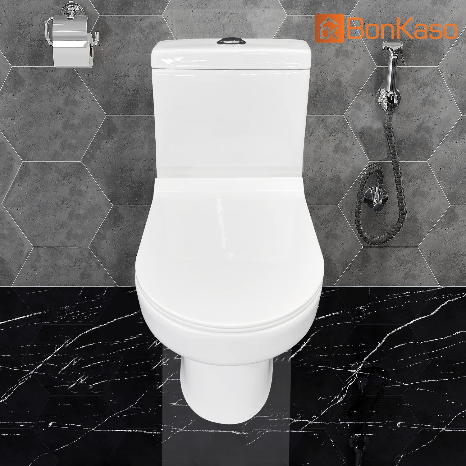 BonKaso Ceramic Toilet with Soft Close Seat Cover - 680x365x735mm, 46kg (Jumbo-1006) | Modern Water Closet for Bathroom & Restroom | Perfect for Home, Office & Commercial Spaces