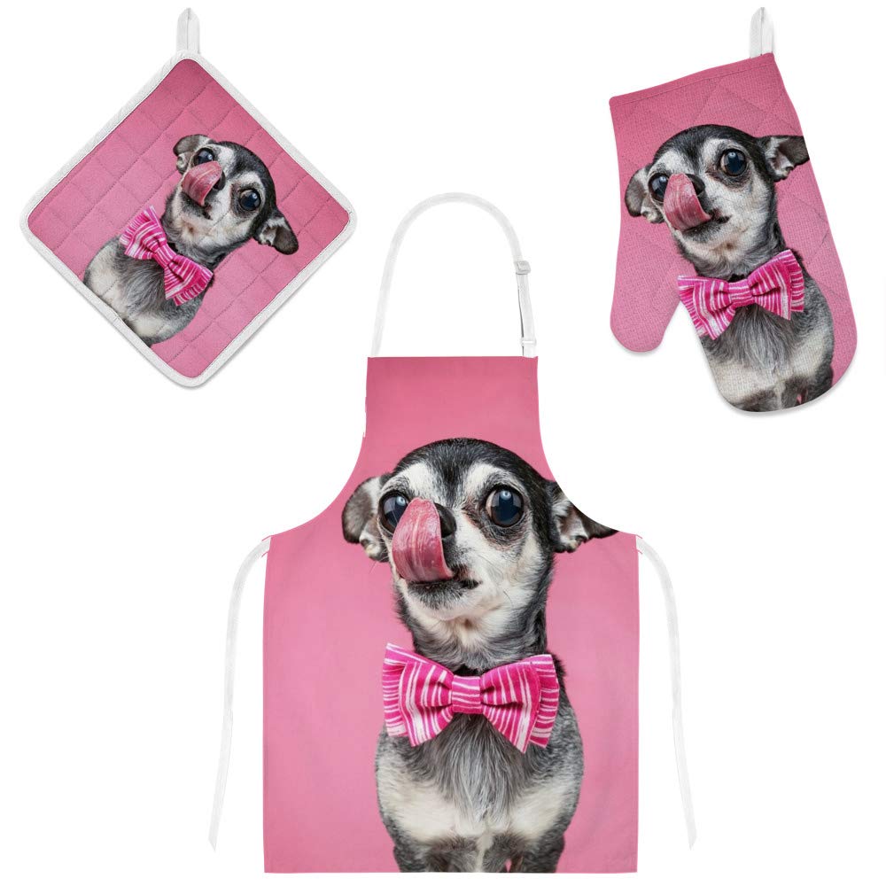 Adjustable Kitchen Apron with Pockets & 3-Piece Cooking Set - Cute Chihuahua Dog Design Oven Mitt, Pot Holder & Microwave Glove - Perfect for Baking, Grilling & Home Cooking