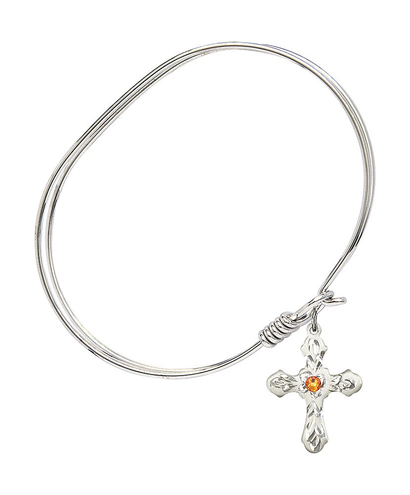 7 Inch Oval Eye Hook Bangle Bracelet with Cross Medal Charm & November Yellow Crystal - Elegant Jewelry for Women, Perfect for Church, Weddings, and Special Occasions