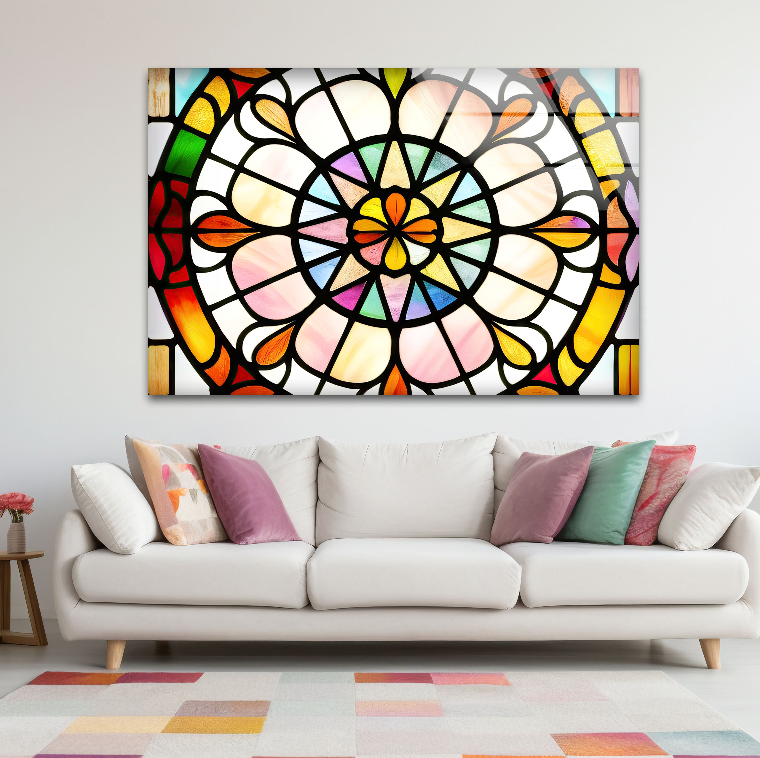 Vibrant Stained Glass Wall Art - Handcrafted Rose Window Design for Home Decor, Church & Wedding Venue