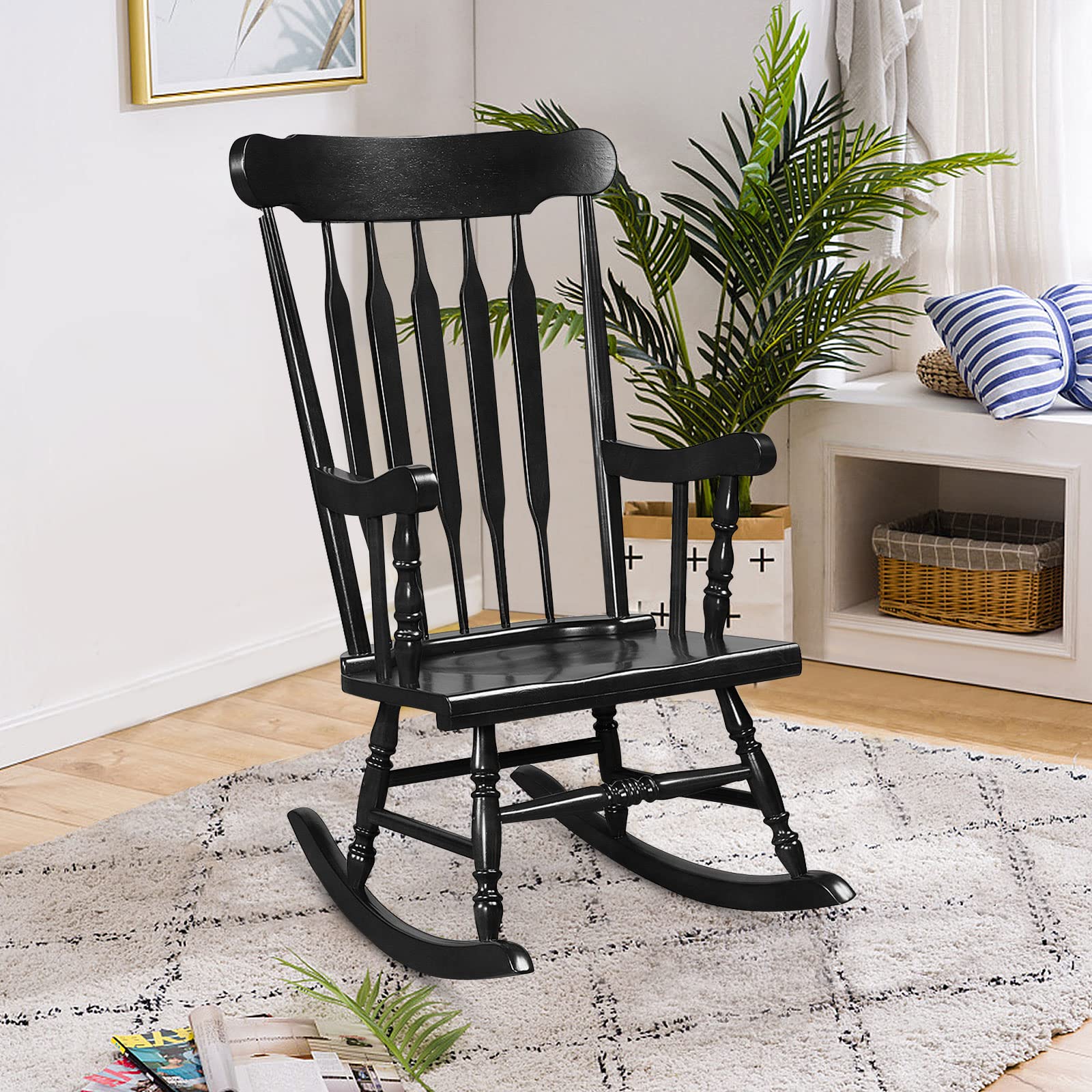 Tangkula Solid Rubber Wood Patio Rocking Chair - Outdoor Porch Rocker with Durable Wood Frame - Indoor/Outdoor Wooden Rocking Chair for Garden, Backyard, Balcony & Living Room (Black) - Perfect for Relaxing, Reading & Enjoying Nature