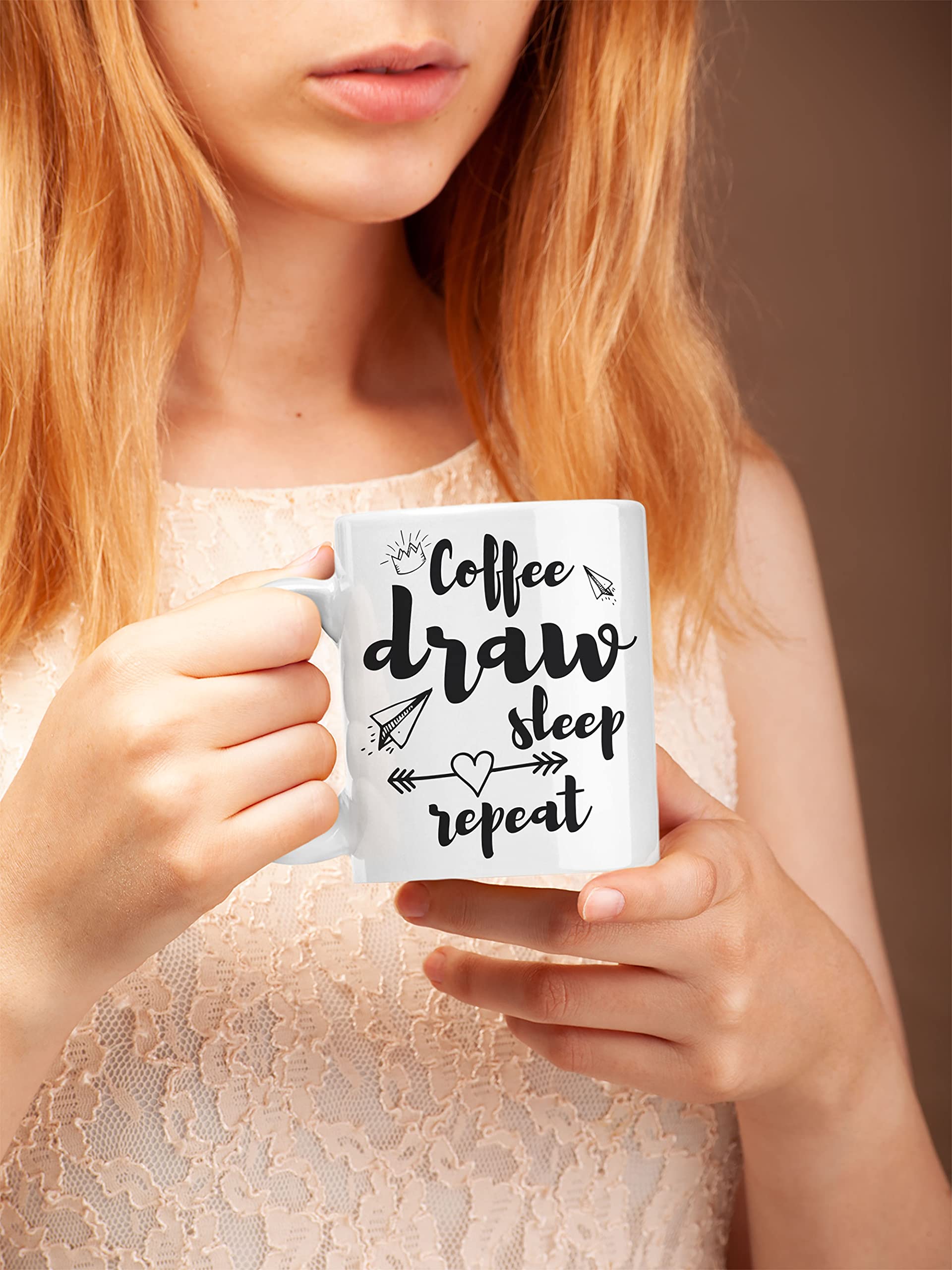 White Ceramic Coffee & Tea Mug (11oz) - Perfect for Coffee, Drawing, Sleep & Repeat - Ideal for Home, Office & Gifts